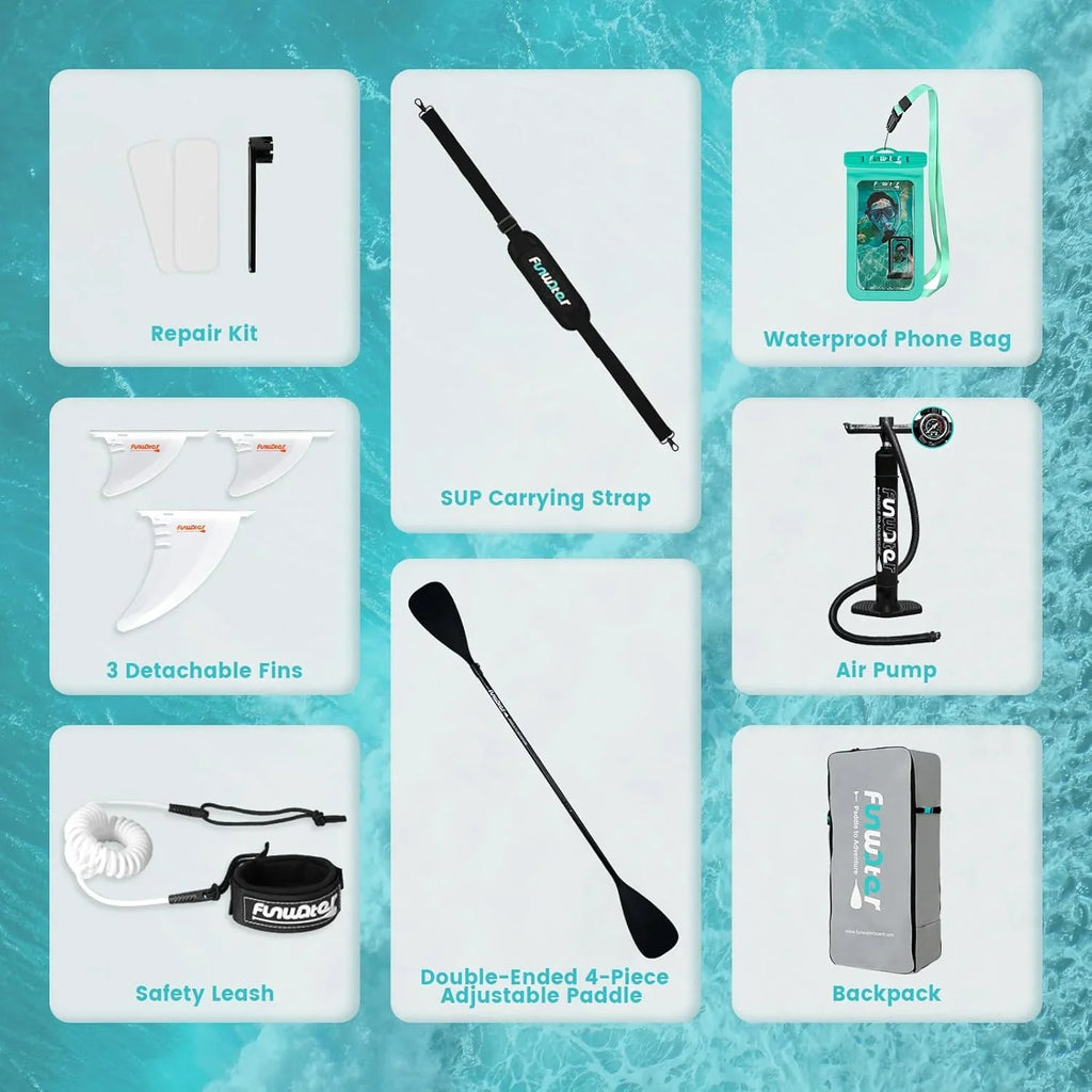 Planche de stand up paddle gonflable FunWater avec accessoires de pagaie SUP haut de gamme, pont EVA antidérapant, pagaie 11'/10'6'