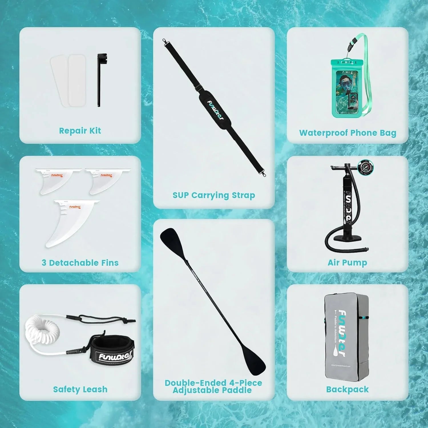 Planche de stand up paddle gonflable FunWater avec accessoires de pagaie SUP haut de gamme, pont EVA antidérapant, pagaie 11'/10'6'