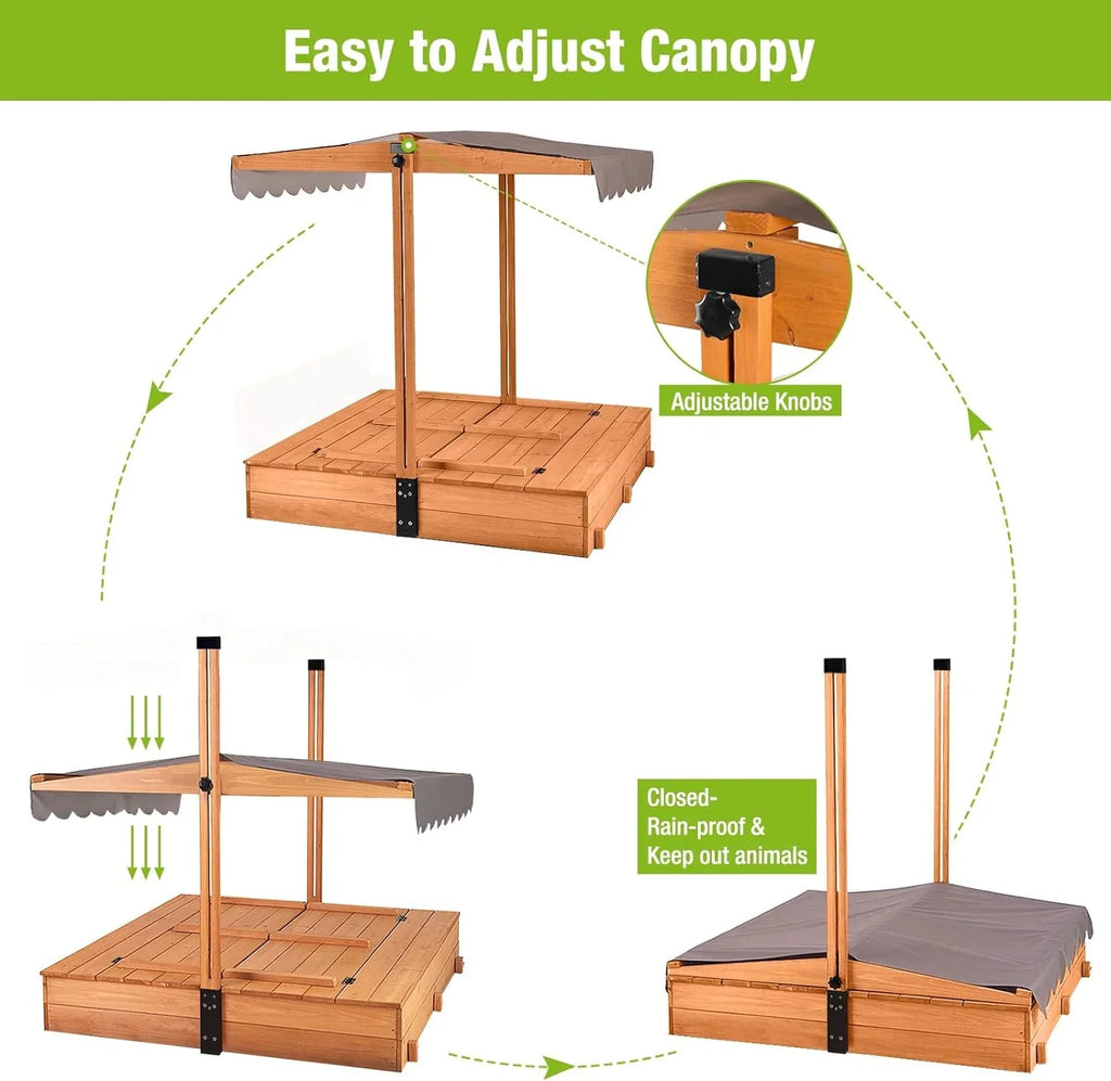 Bac à sable extérieur en bois pour enfants avec auvent, 2 bancs pliants, toit rétractable et pare-sable
