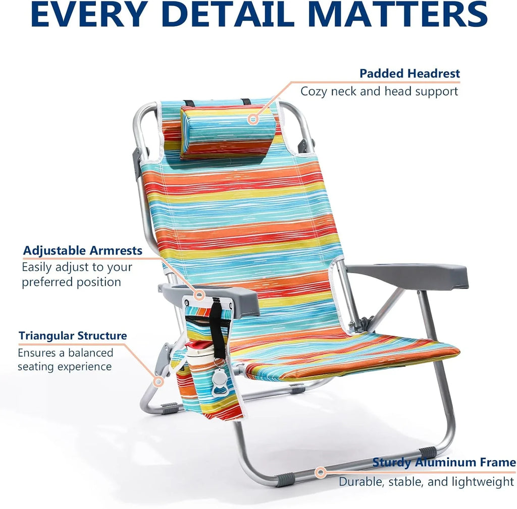 Lot de 2 chaises de plage compactes et portables pour adultes, en aluminium, 5 positions, avec pochette isotherme