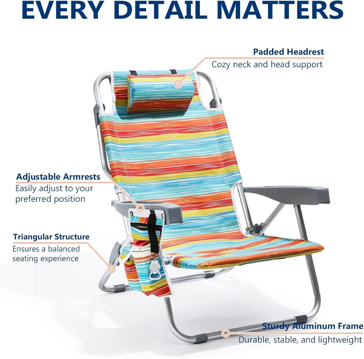 Lot de 2 chaises de plage compactes et portables pour adultes, en aluminium, 5 positions, avec pochette isotherme