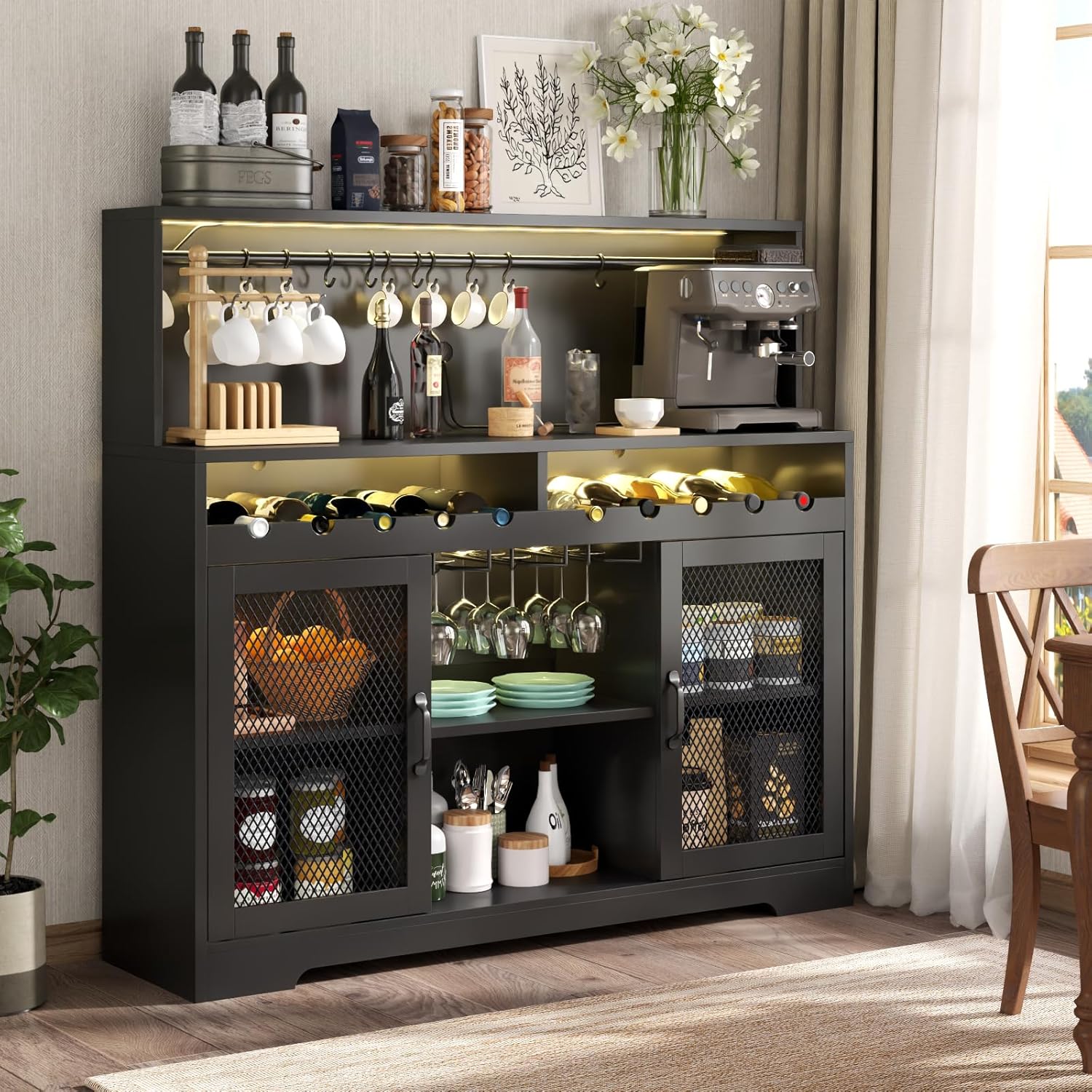 Bar à vin avec éclairage LED, meuble à liqueur avec porte-verres, bar à café pour liqueurs, buffet de rangement avec casiers à vin, armoire à vin