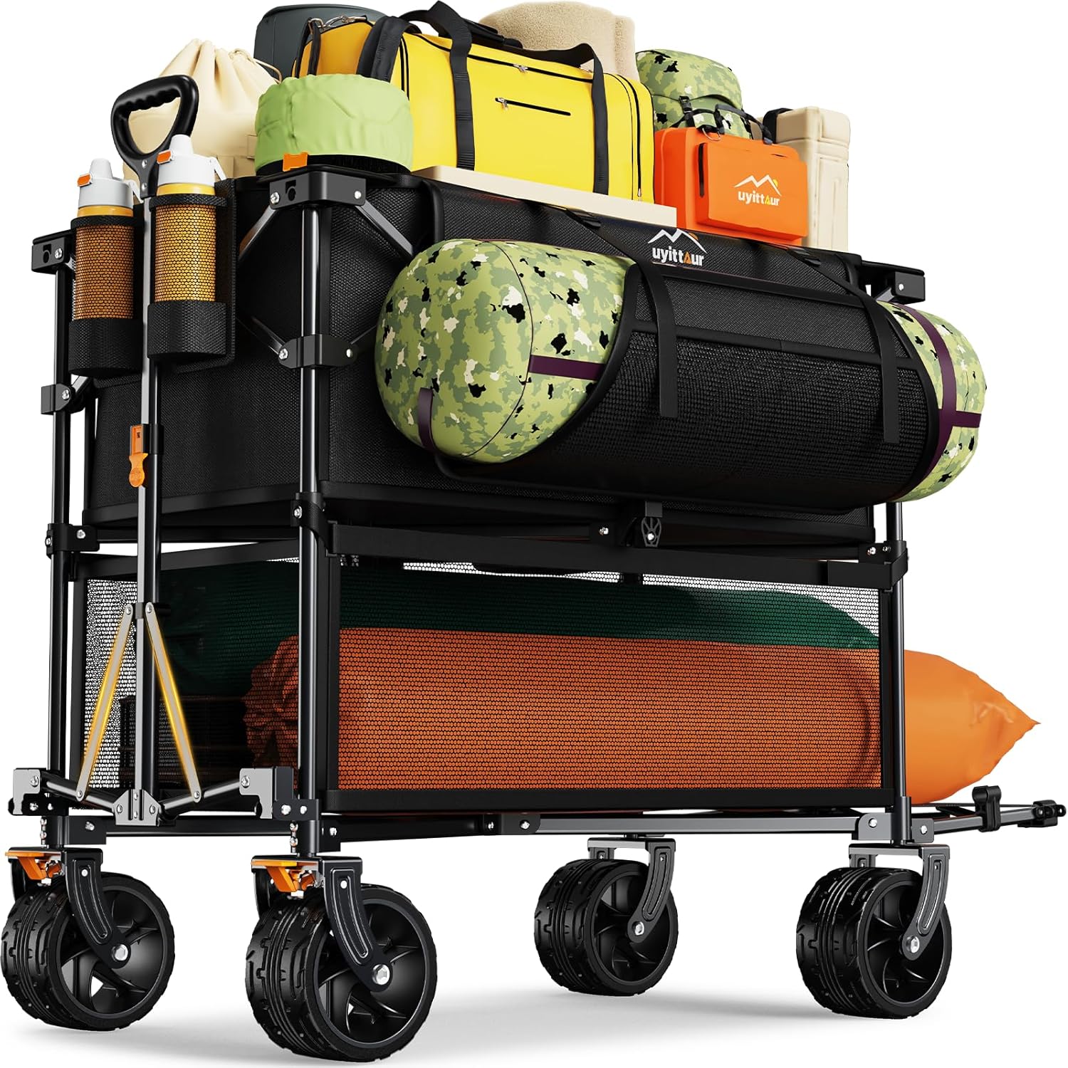 Chariot de sport extra-long pliable à deux étages de 50 pouces (127 cm), chariot robuste et pliable de 400 litres avec grandes roues, chariot extensible tout-terrain utilitaire pour l'extérieur