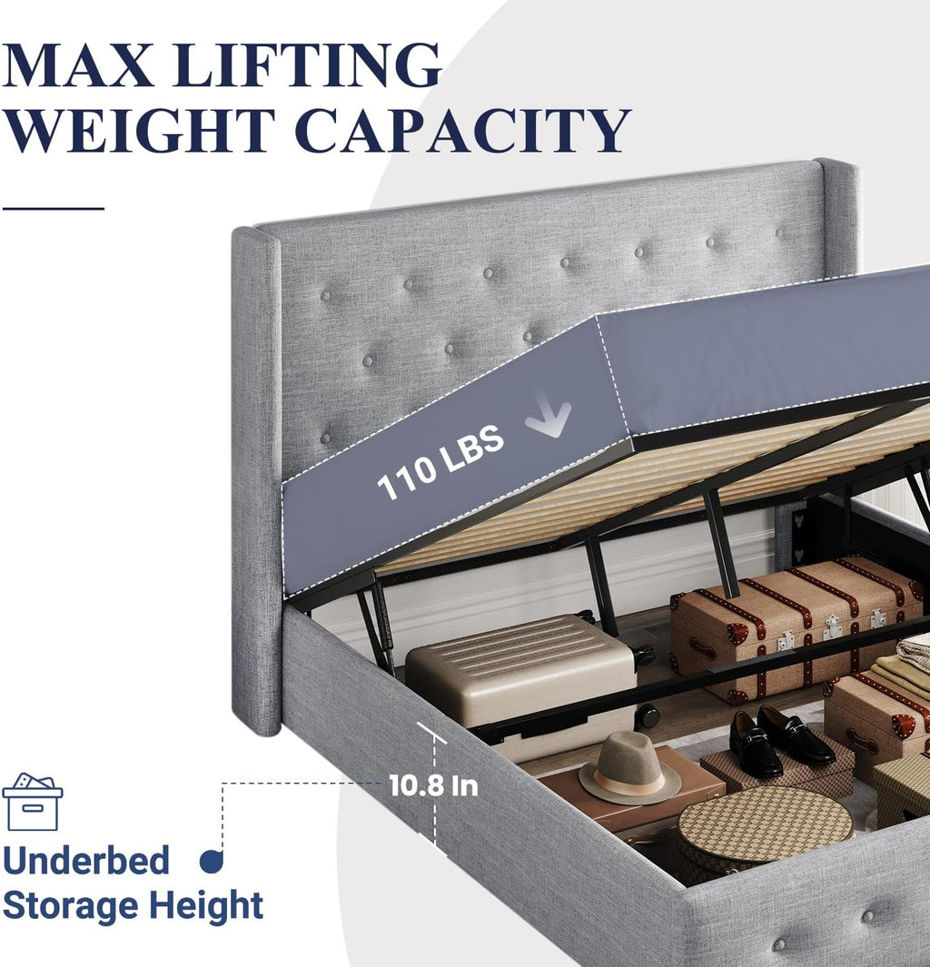 Lit queen-size relevable avec rangement Allewie, tête de lit à oreilles moderne et support hydraulique