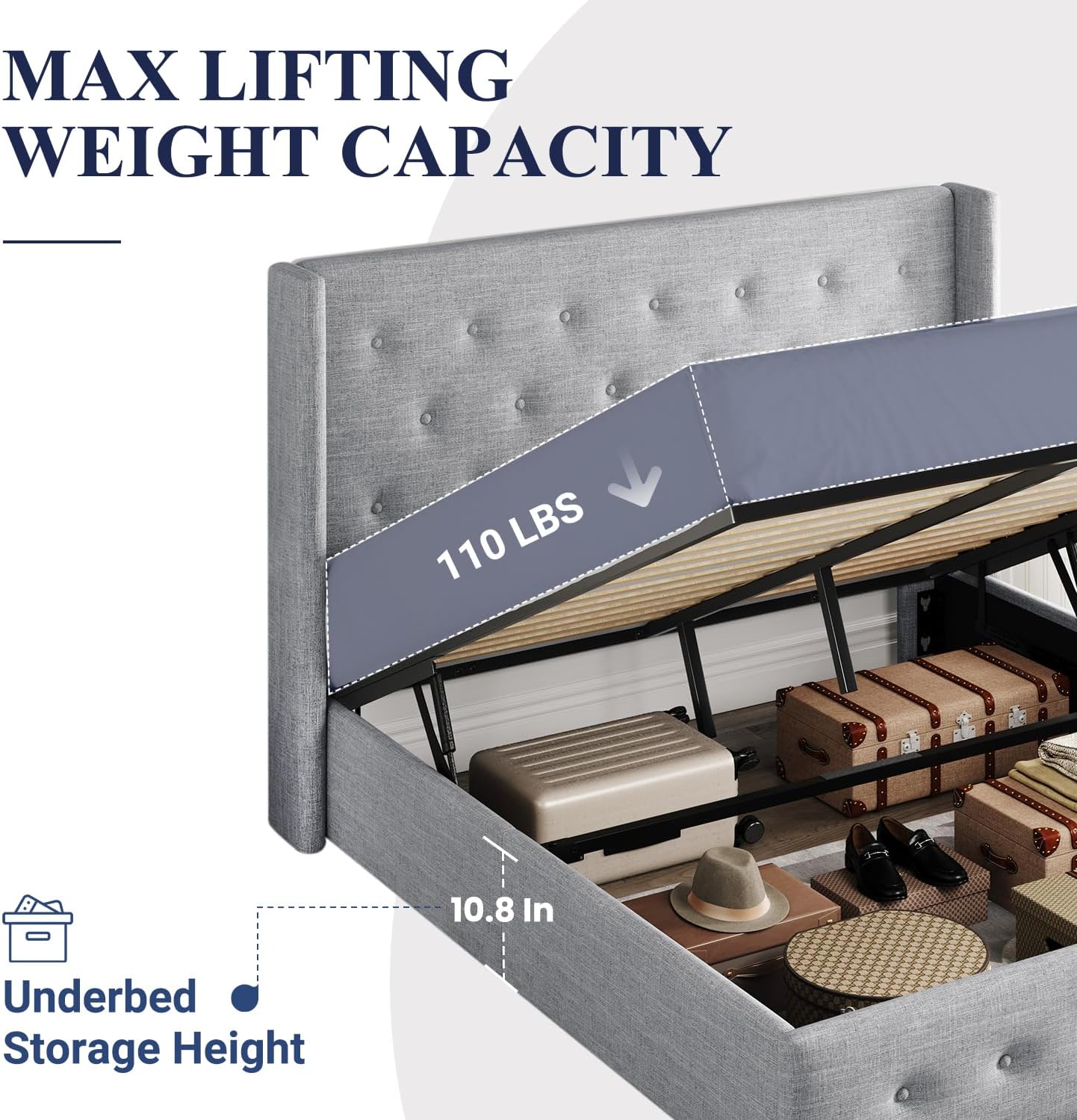 Lit queen-size relevable avec rangement Allewie, tête de lit à oreilles moderne et support hydraulique