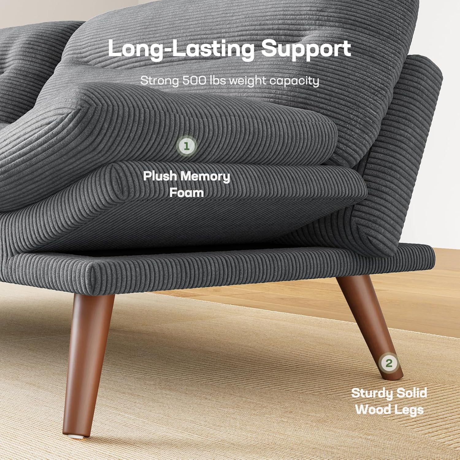 Canapé-lit futon, canapé futon avec dossier et accoudoirs réglables, convertible en petit canapé-lit causeuse en velours côtelé vert