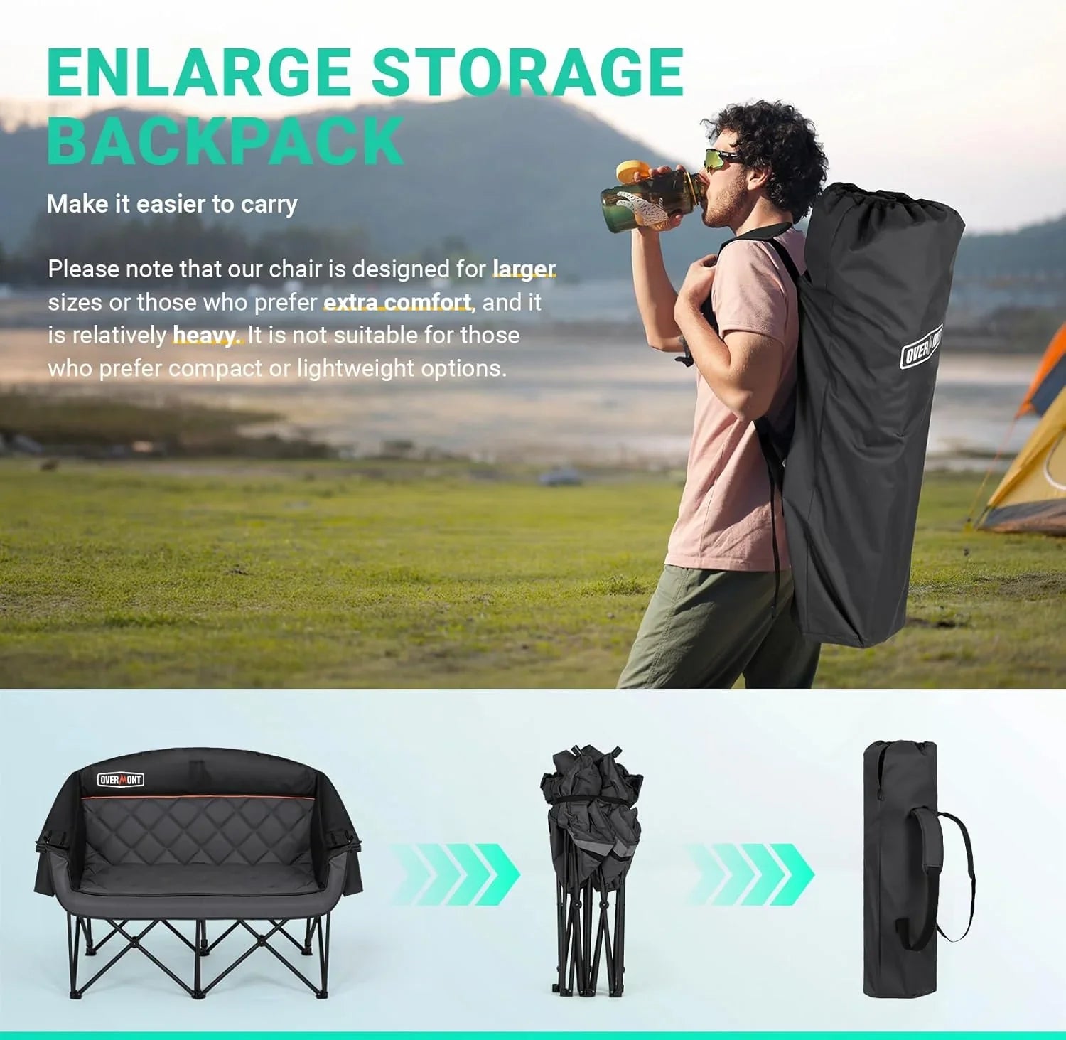 Chaise de camping double extra large - Canapé confortable pour 2 personnes, causeuse pour adulte - Chaise de jardin robuste