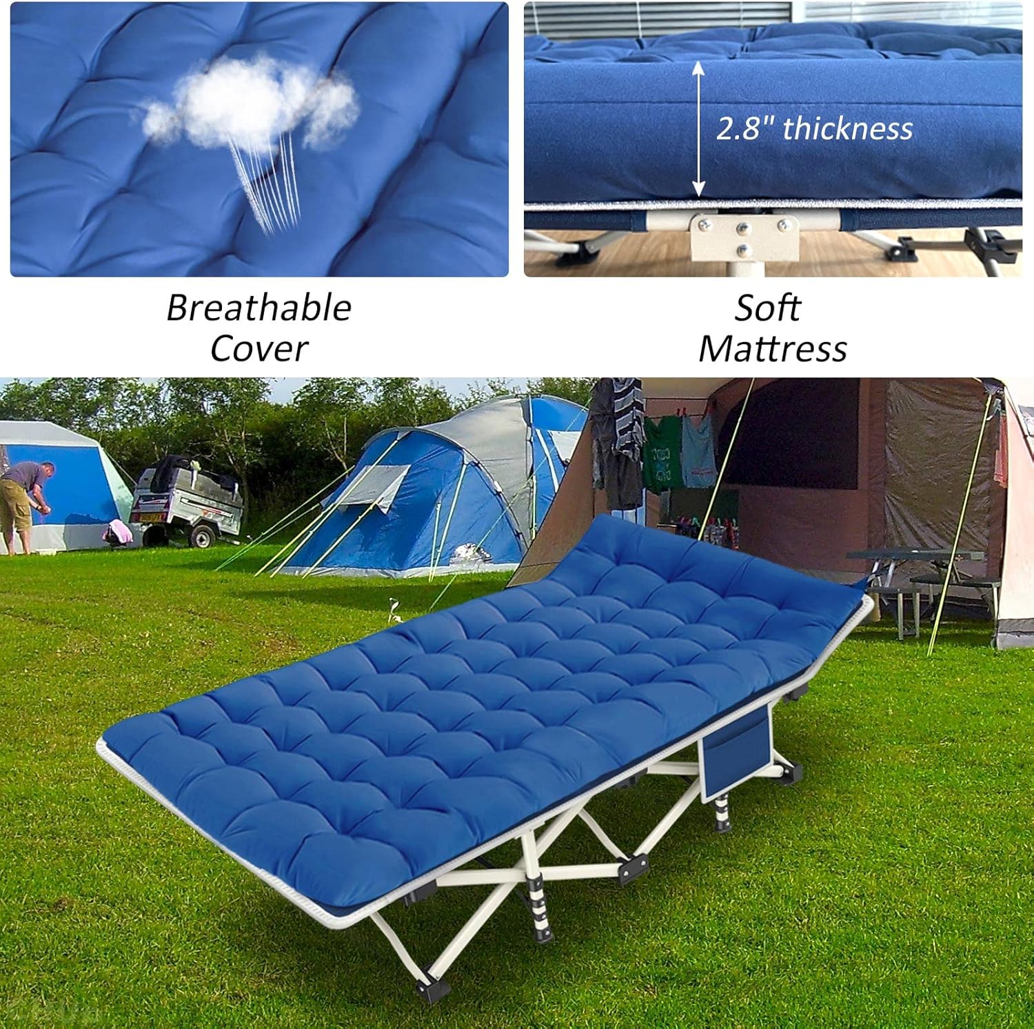 Lot de 2 lits de camping avec matelas, lits de couchage confortables, lits de camping pour adultes, lits pliants pour 2 personnes, lits de couchage robustes