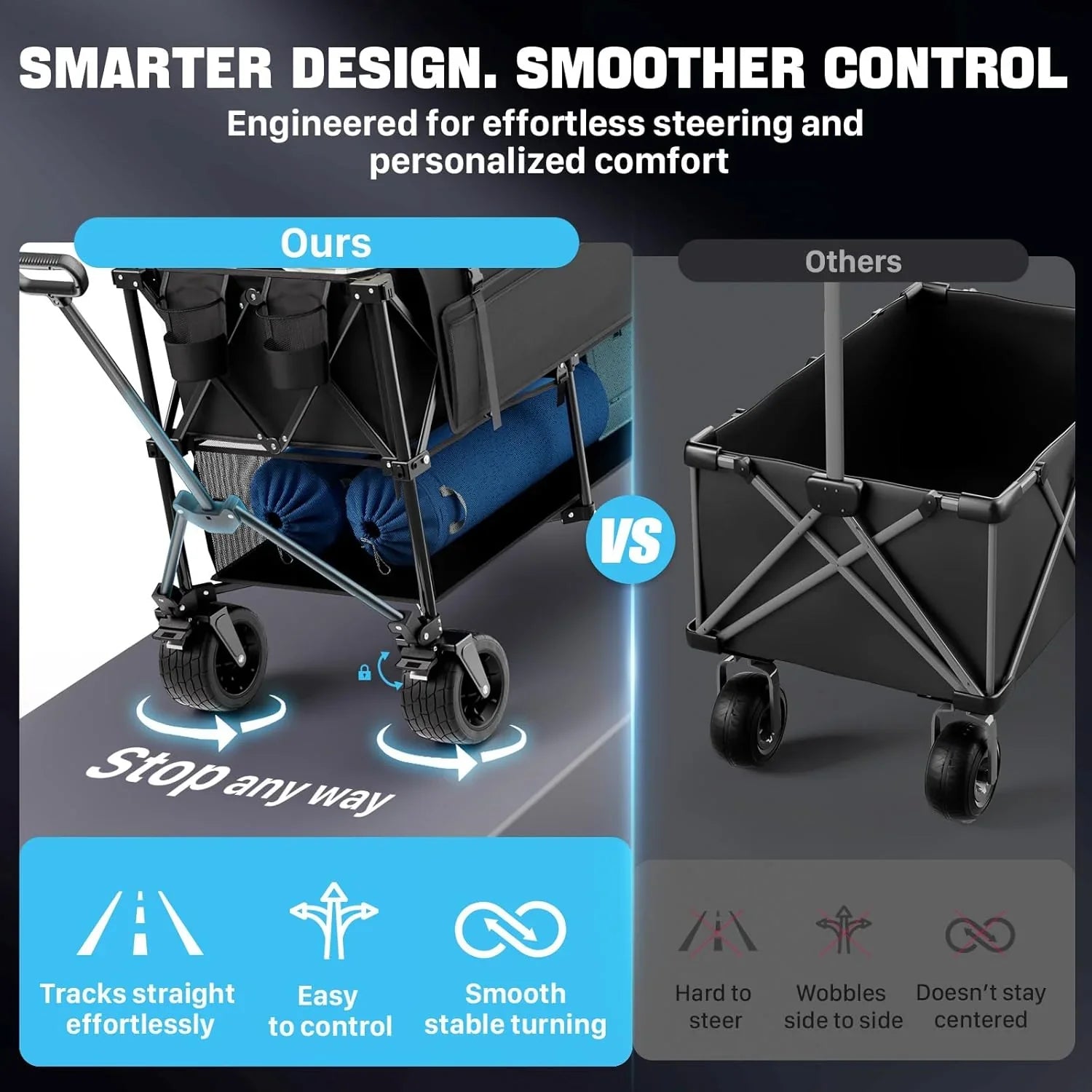 Chariot de voyage pliable extra large de 48 pouces, capacité de 254 kg, chariot utilitaire robuste de 350 L avec freins et roues tout-terrain.