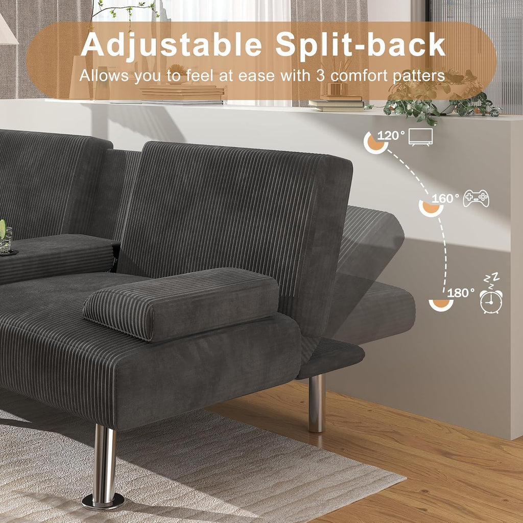 Canapé-lit futon convertible et pliable en lin moderne Shahoo avec accoudoirs amovibles, pieds en métal et 2 porte-gobelets pour le salon