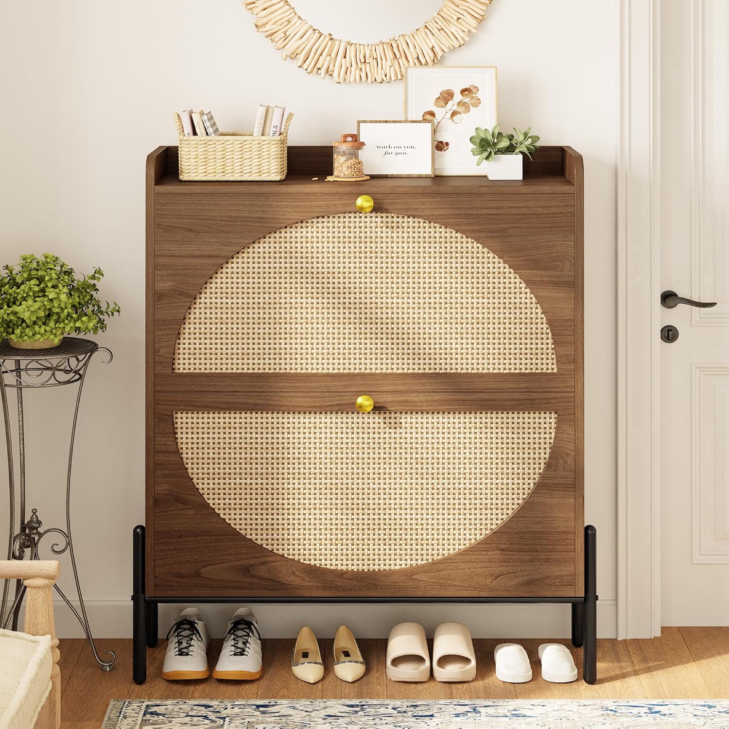 Meuble à chaussures IRONCK avec 2 tiroirs rabattables, meuble de rangement à chaussures indépendant en bois