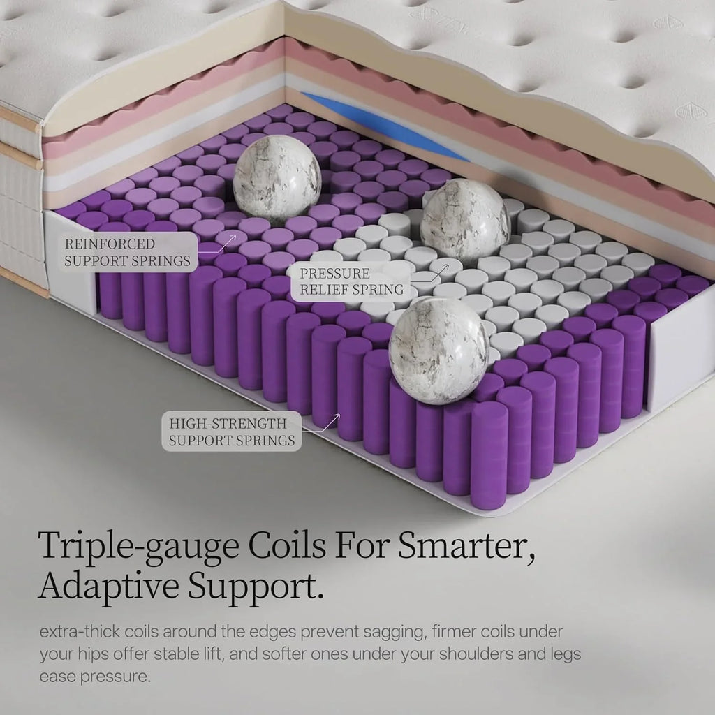 Matelas hybride queen-size de 14 pouces avec mousse à mémoire de forme rafraîchissante et ressorts ensachés zonés