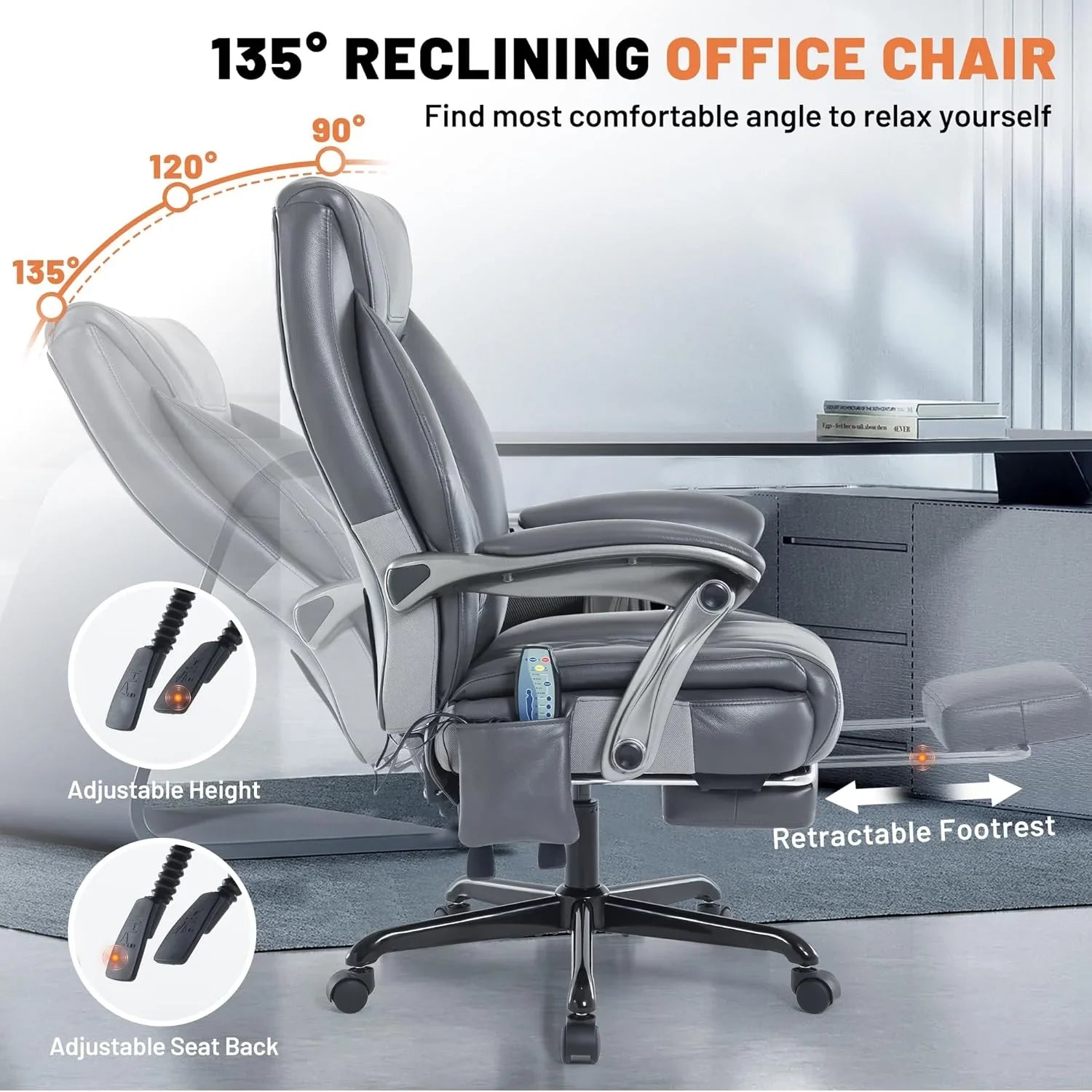 Fauteuil de bureau massant avec chauffage et repose-pieds Fauteuil de bureau ergonomique inclinable pour cadres