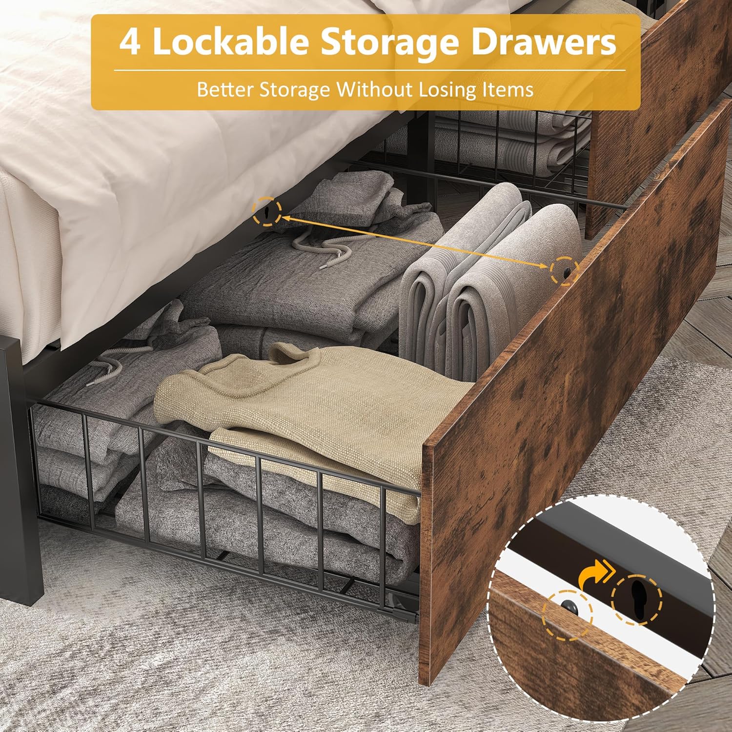 Cadre de lit Queen Lifezone avec tête de lit double et plateau de rangement en métal