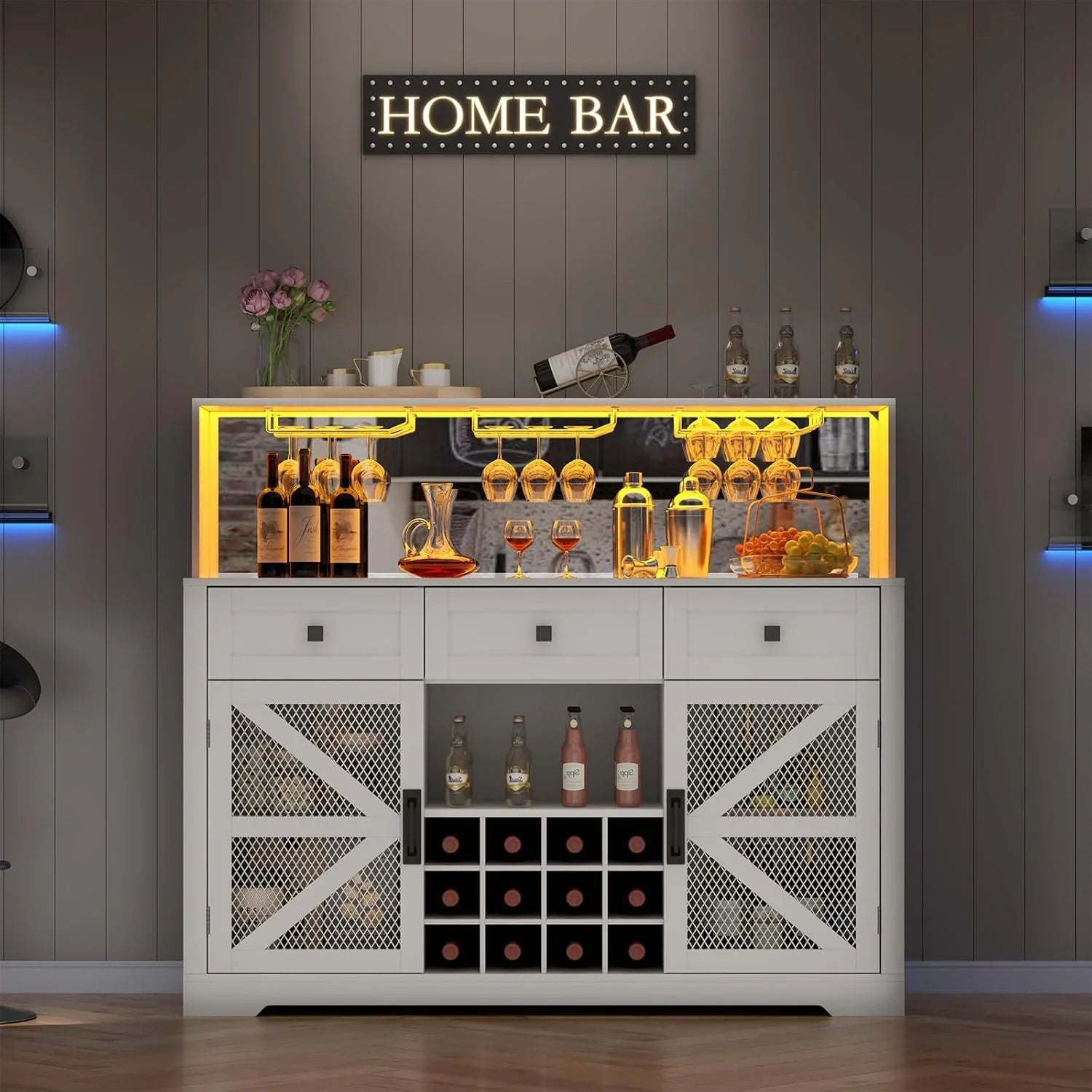 Bar à vin avec éclairage LED, meuble à liqueur avec porte-verres, bar à café pour liqueurs, buffet de rangement avec casiers à vin, armoire à vin