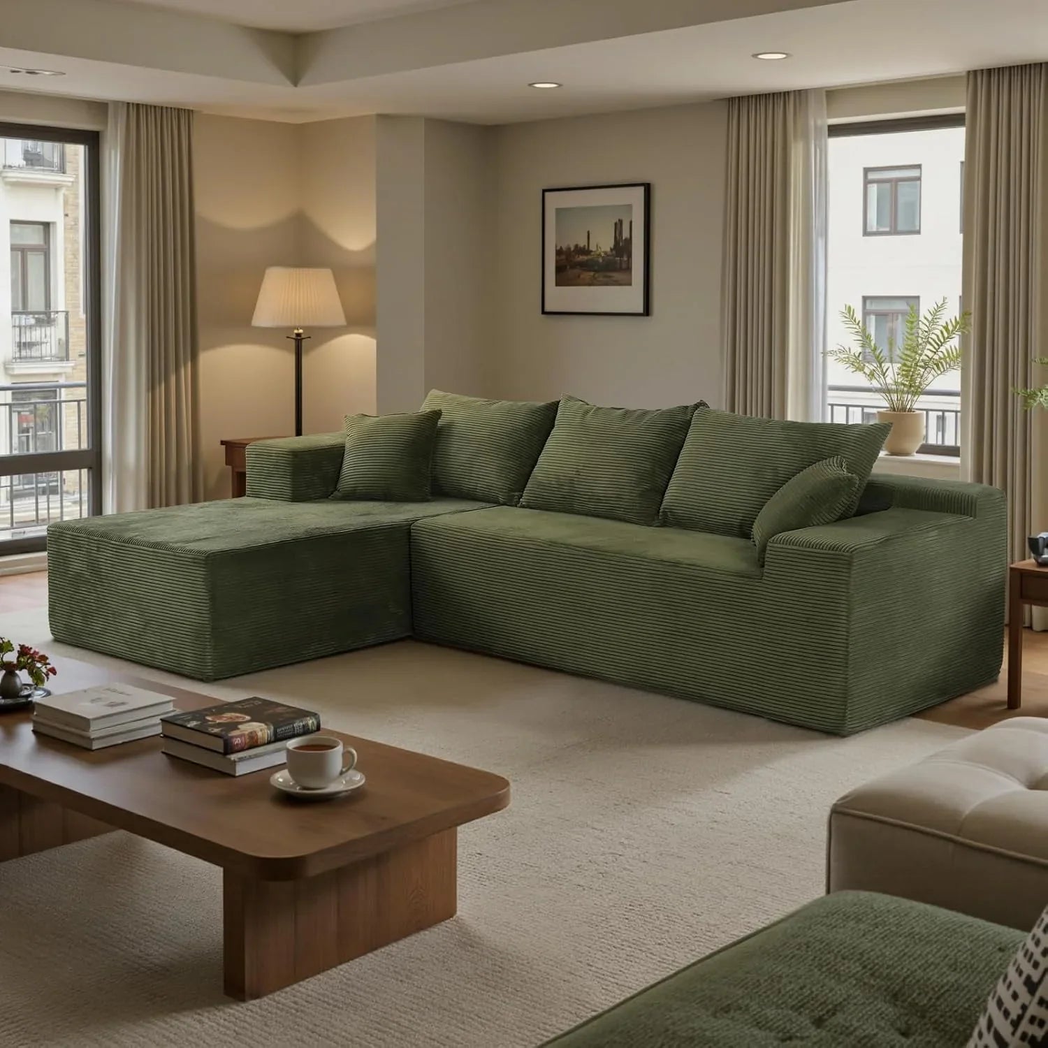 Cloud sofa with L-shaped lounge chair, modern modular sofa with deep seats