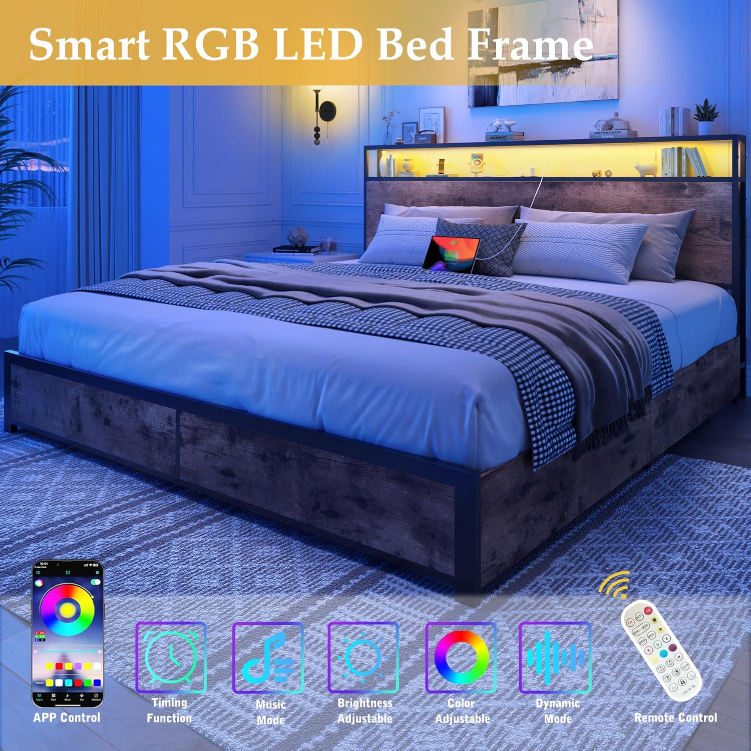 Cadre de lit Queen Lifezone avec tête de lit double et plateau de rangement en métal