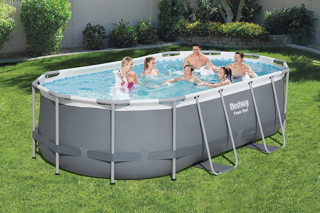 Piscine hors sol ovale Power Steel 4,3 m x 2,4 m x 100 cm | Comprend une pompe de filtration de 2070 litres, une échelle et un distributeur ChemConnect.