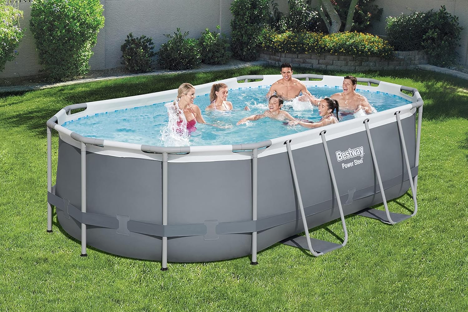 Piscine hors sol ovale Power Steel 4,3 m x 2,4 m x 100 cm | Comprend une pompe de filtration de 2070 litres, une échelle et un distributeur ChemConnect.