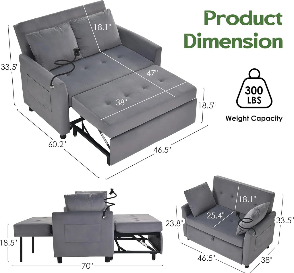 Canapé-lit convertible 3 en 1, convertible, gigogne, petit canapé causeuse, futon, pleine grandeur, causeuse en velours de 117 cm