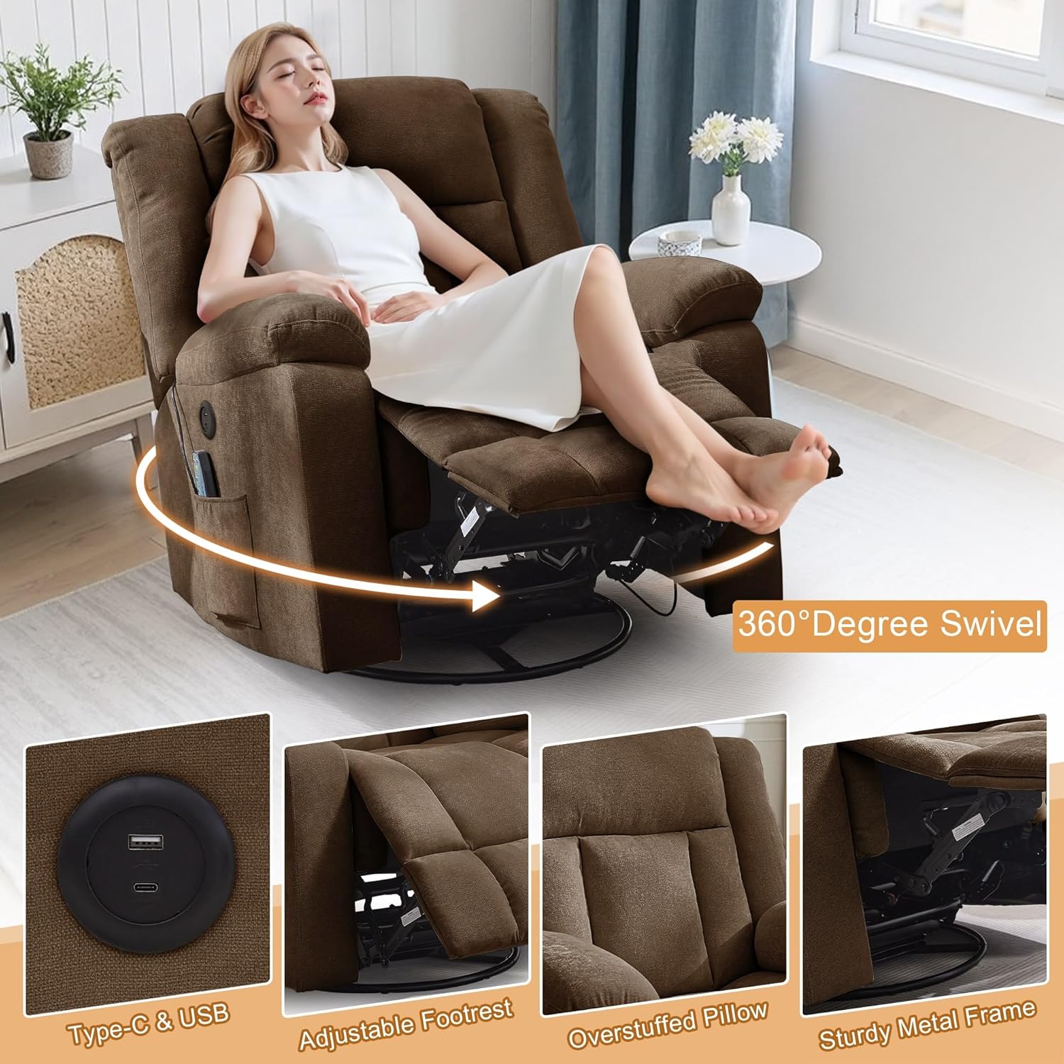 Fauteuil à bascule pour adulte, fauteuil inclinable coulissant, fauteuil à bascule rotatif à 360° avec fonction massage et chauffage