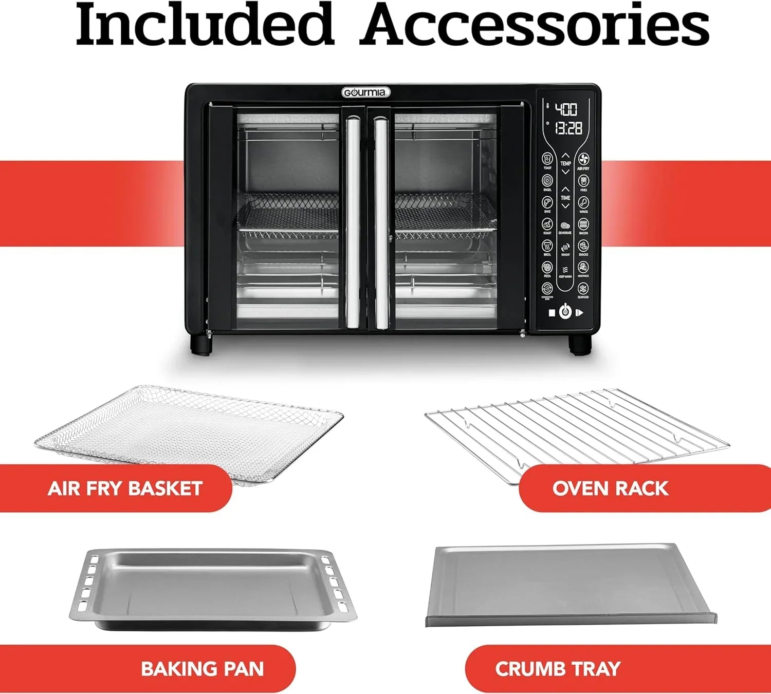 Friteuse à air combinée Gourmia avec 17 préréglages de cuisson, capacité de 24 L, grille de convection et plaque de cuisson