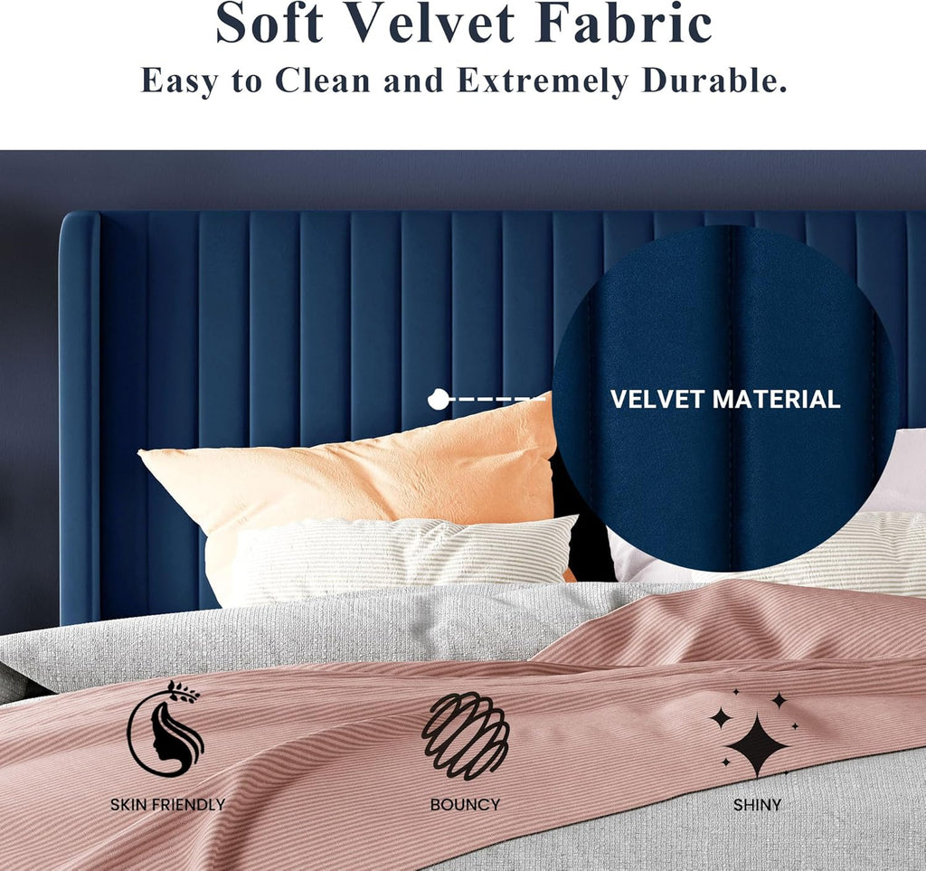 Cadre de lit Allewie en velours pleine grandeur/tête de lit capitonnée à oreilles verticales/lit plateforme rembourré/lattes en bois robustes