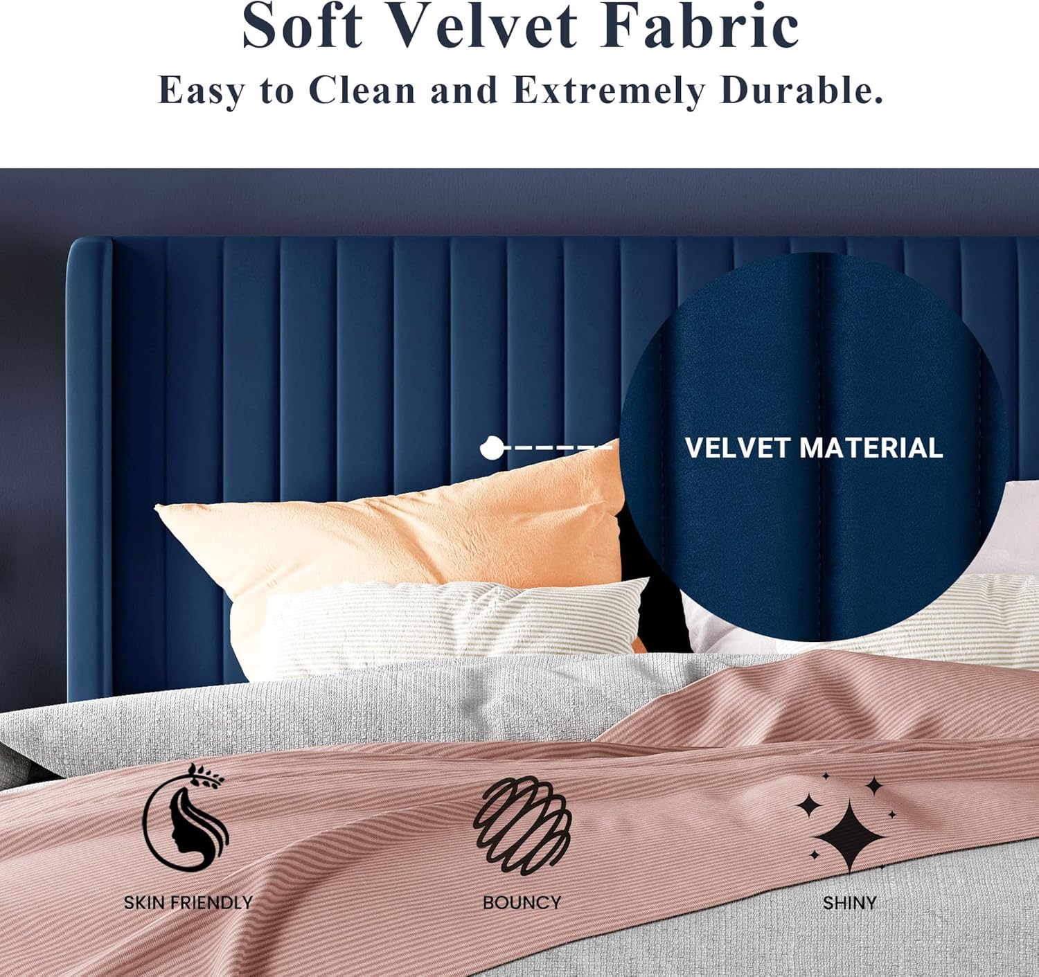 Cadre de lit Allewie en velours pleine grandeur/tête de lit capitonnée à oreilles verticales/lit plateforme rembourré/lattes en bois robustes