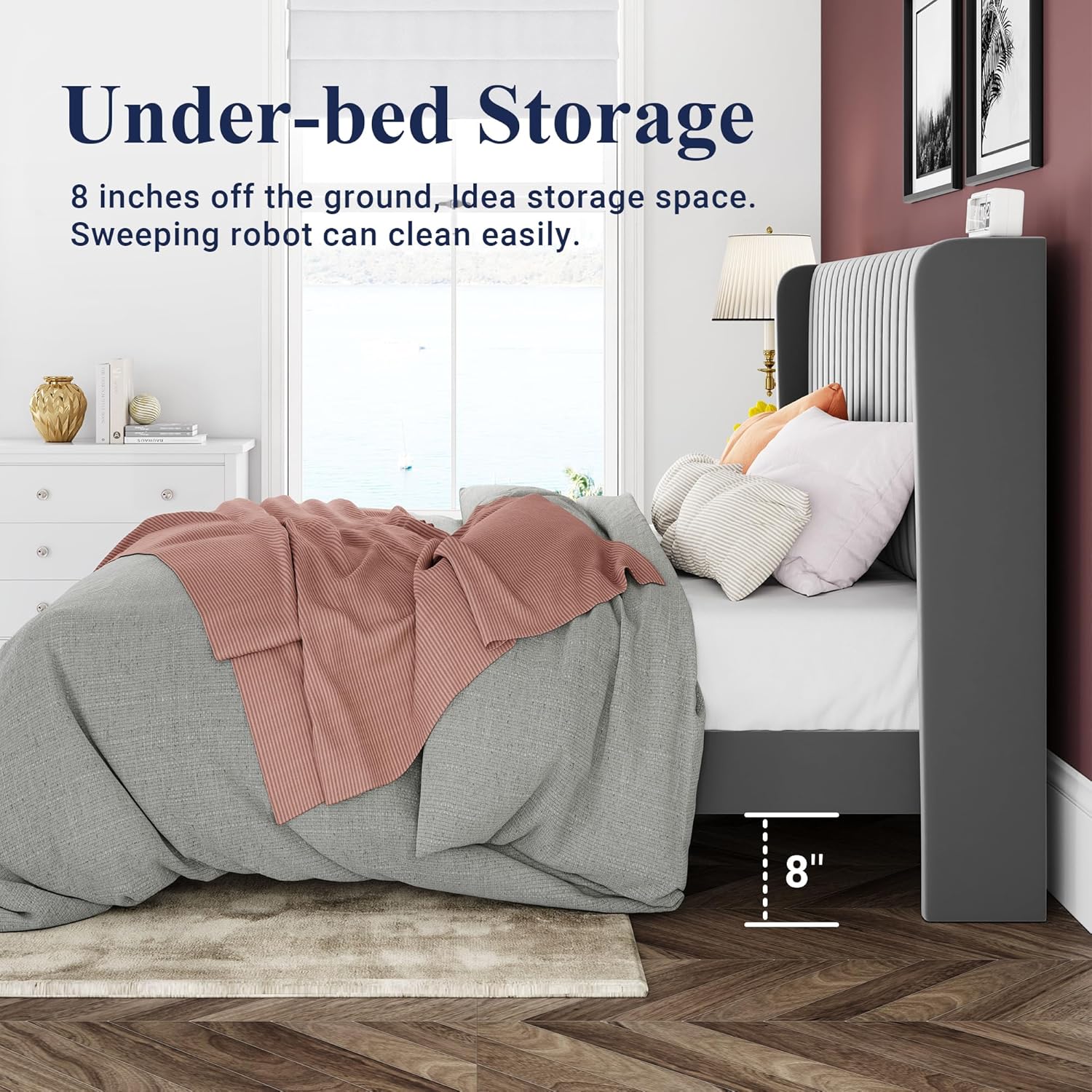 Cadre de lit Allewie en velours pleine grandeur/tête de lit capitonnée à oreilles verticales/lit plateforme rembourré/lattes en bois robustes