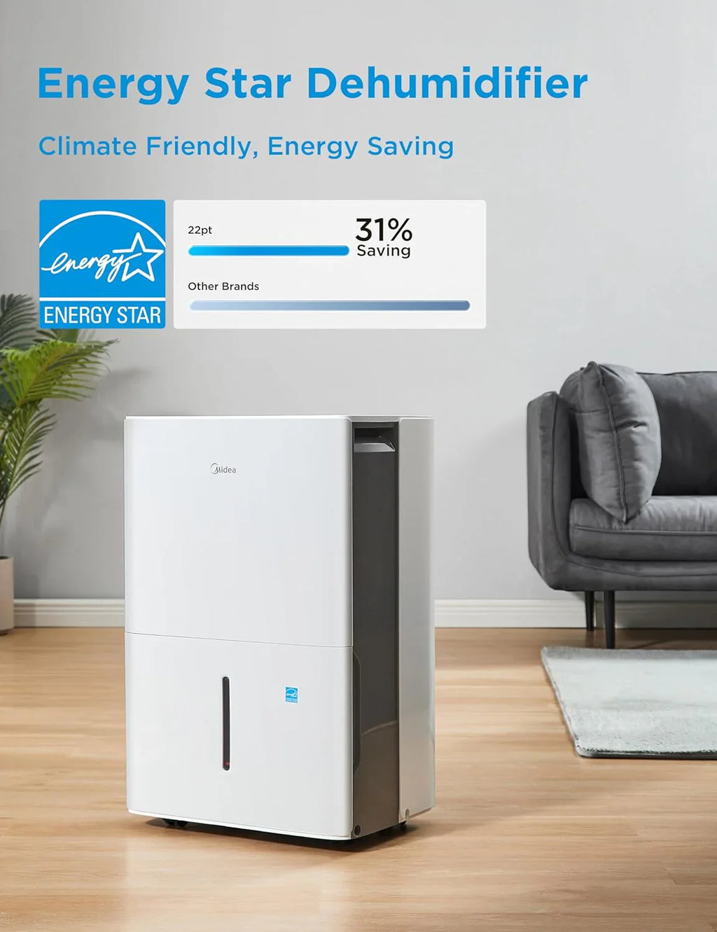Déshumidificateur Midea de 4 500 pi² avec pompe, certifié Energy Star, 50 pintes