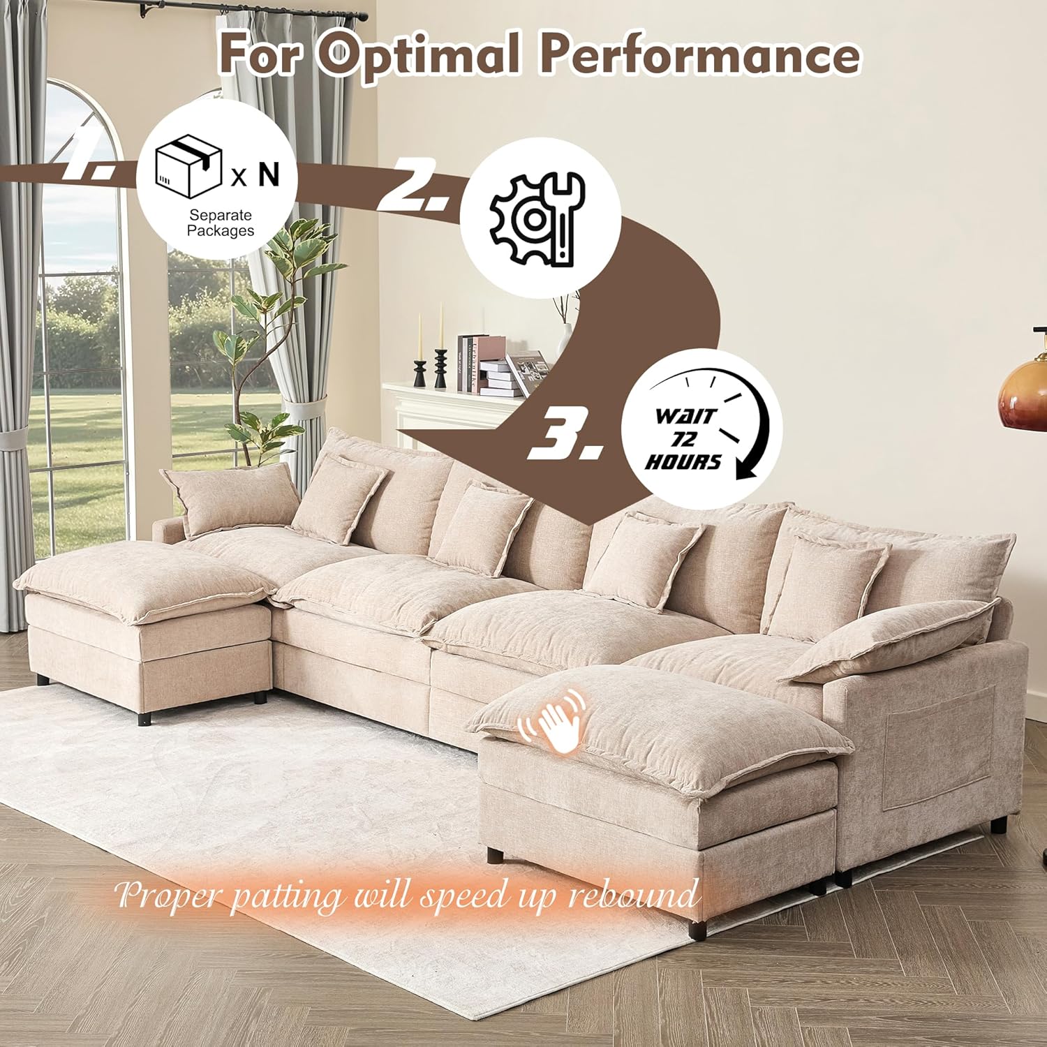 Canapé en U 108 pouces, canapé sectionnel, canapé Cloud confortable avec repose-pieds amovible, canapé profond pour salon, lin, beige