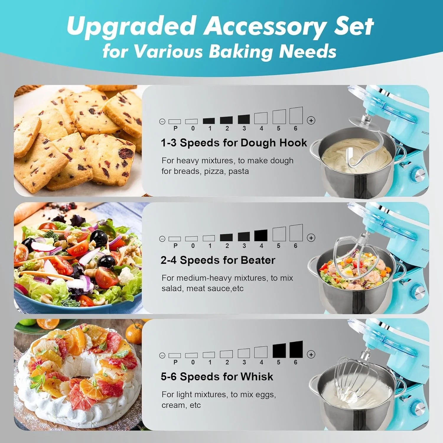 Batteur sur socle Aucma, 6,5 pintes, 660 W, 6 vitesses, tête inclinable, batteur électrique de cuisine avec crochet pétrisseur