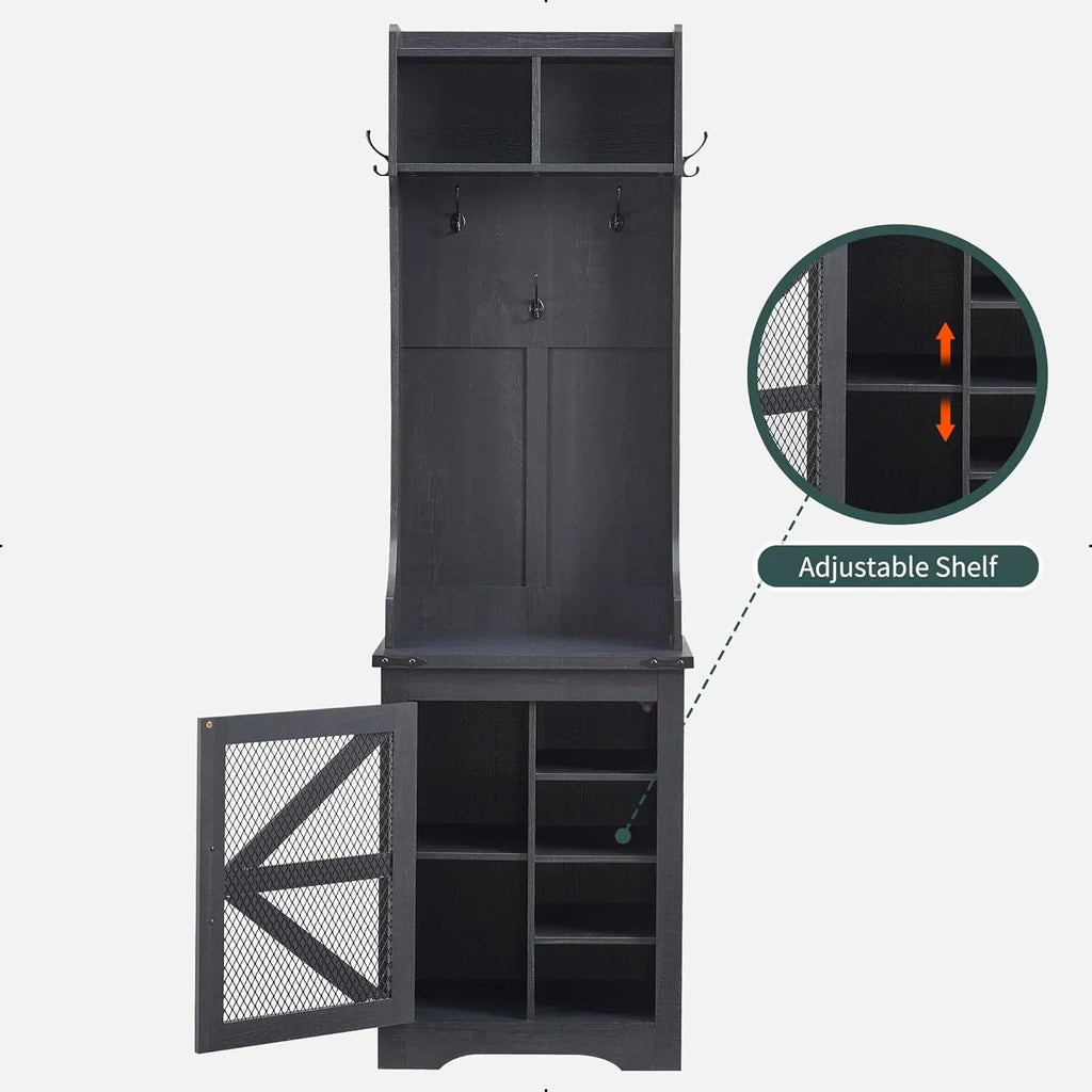 JXQTLINGMU Arbre de foyer de ferme de 59 pouces avec rangement pour chaussures, banc d'entrée, porte-manteau, armoire