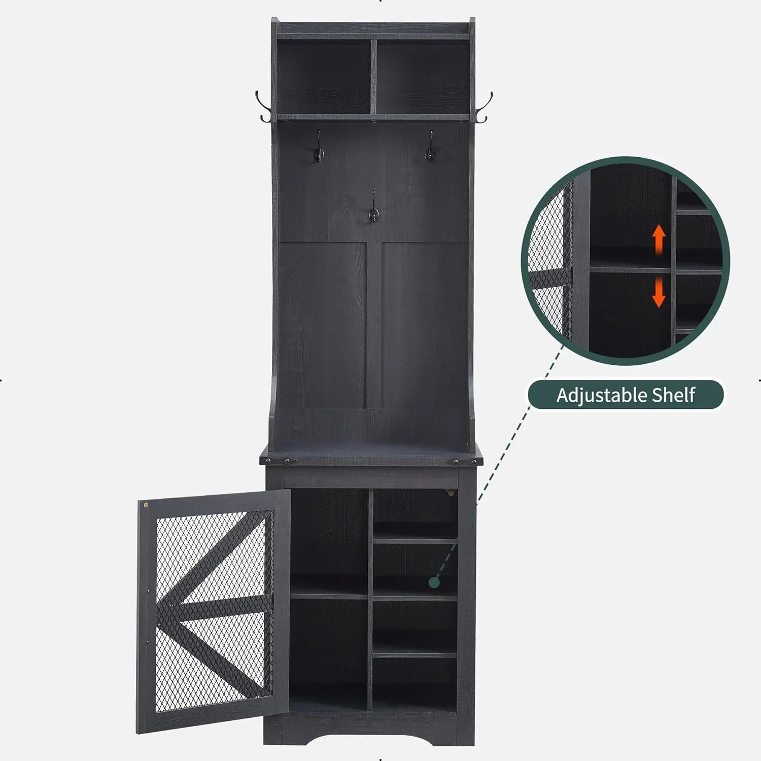 JXQTLINGMU Arbre de foyer de ferme de 59 pouces avec rangement pour chaussures, banc d'entrée, porte-manteau, armoire