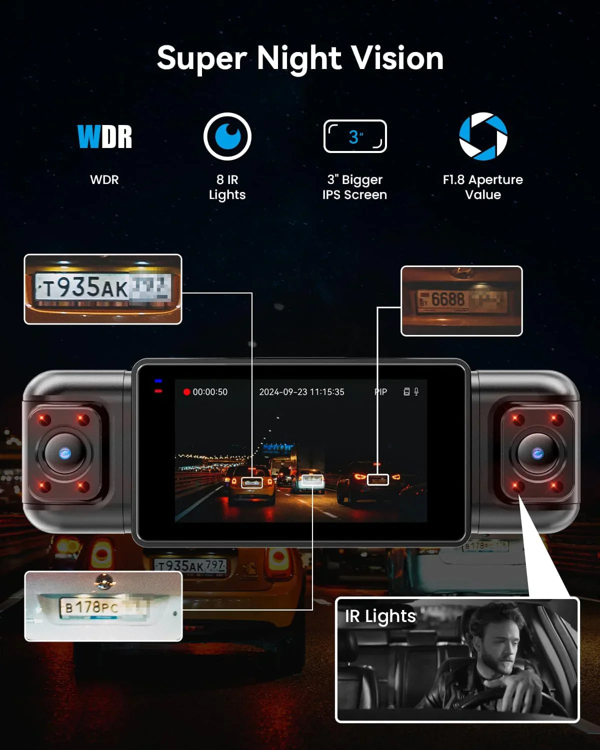 Channel Dashcam met 360° beeld, 1080p resolutie, 8 infraroodlampen voor nachtzicht, 5G wifi en app-bediening, accelerometer, parkeermodus en een gratis 128GB SD-kaart. 
