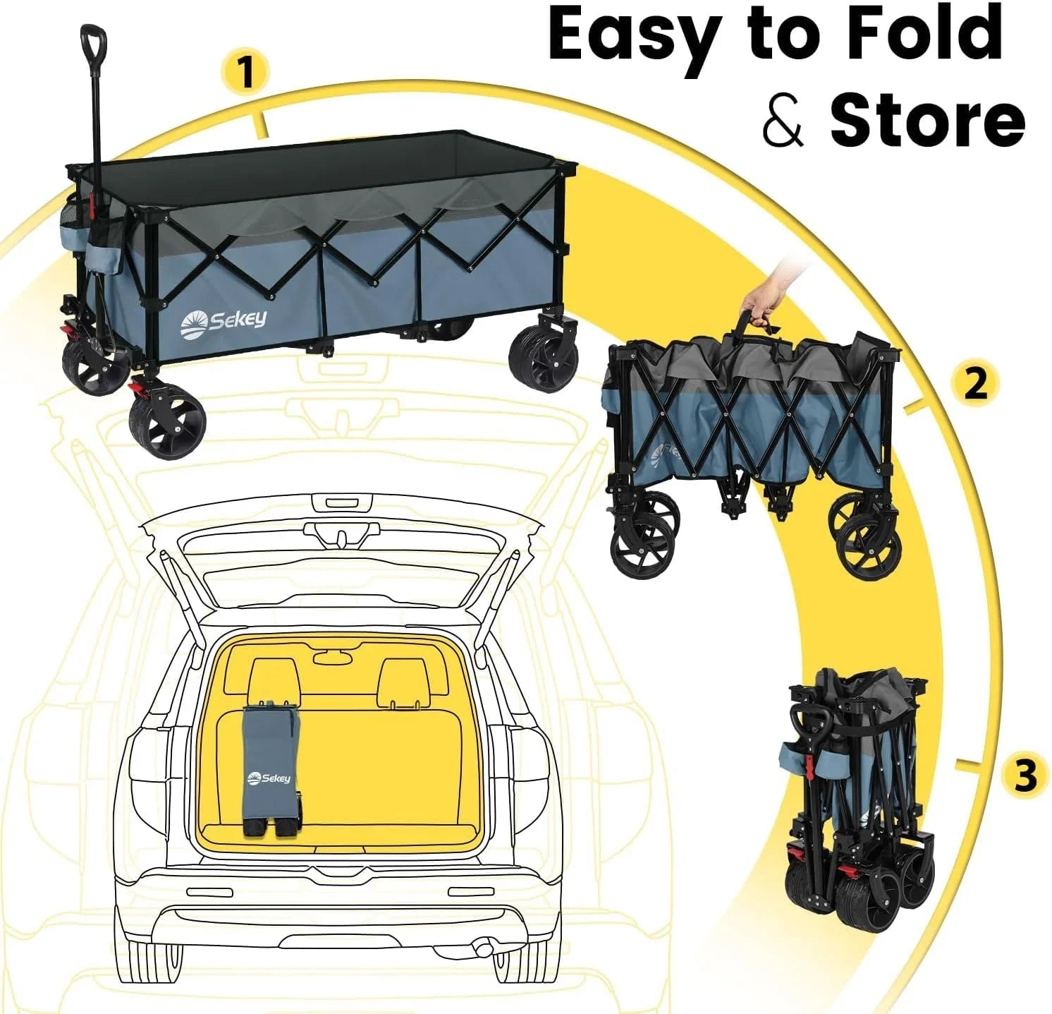 Chariot de voyage pliable Sekey de 122 cm de long, capacité de charge de 200 kg, chariot de jardin polyvalent et robuste de 300 litres.