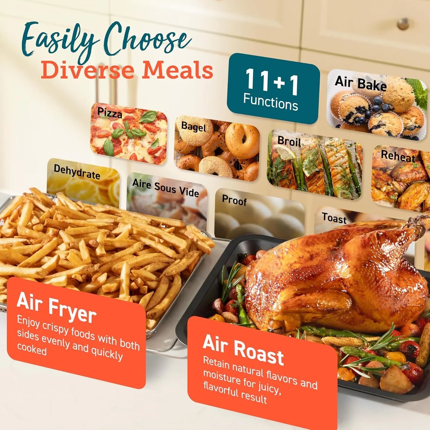 Friteuse à air 11 en 1 COSORI, d'une capacité de 13 litres, combinant grillades, toasts, pâtisseries et réchauffages. Recettes et 6 accessoires inclus.