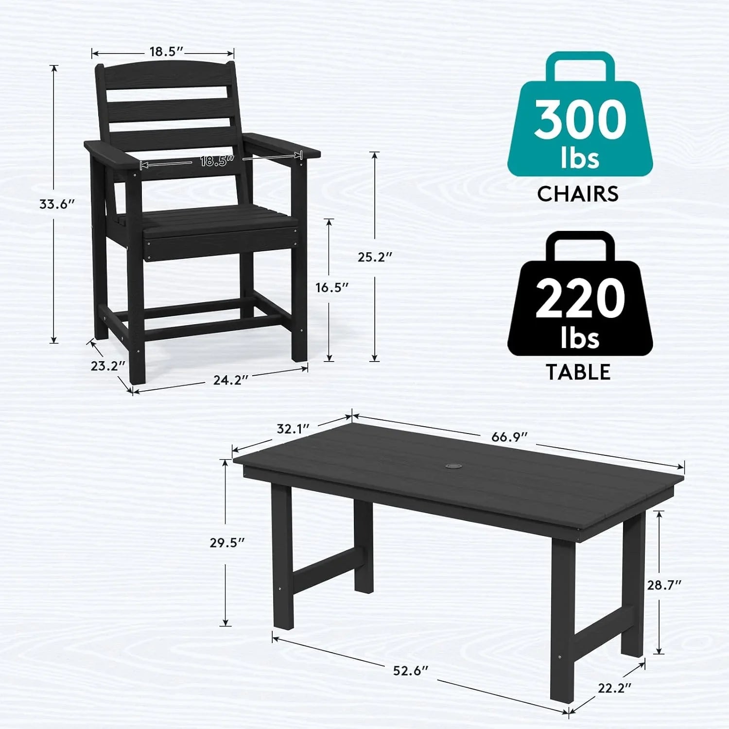 Ensemble de salle à manger d'extérieur en PEHD, 7 pièces, avec table découpée pour parasol et 6 chaises
