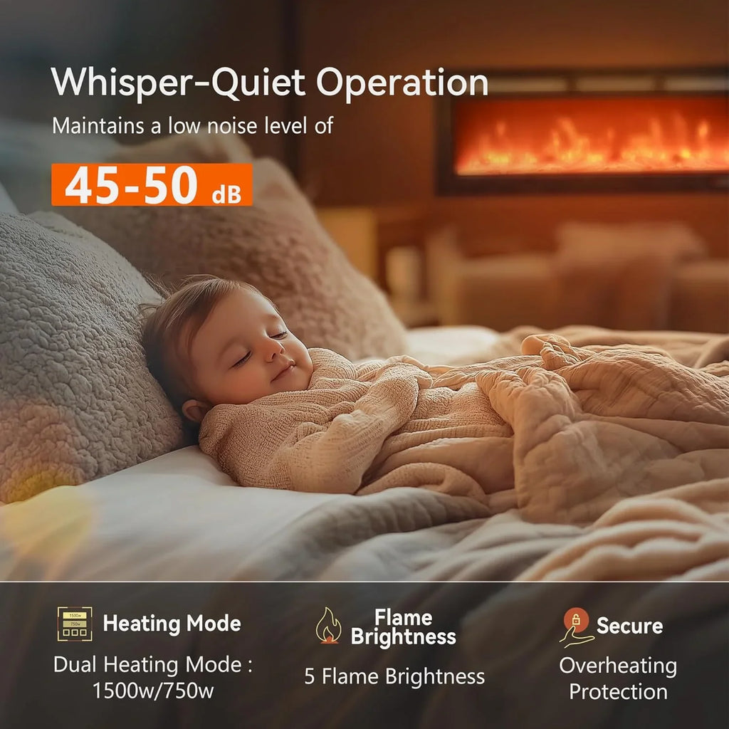 EUHOMY Cheminée électrique encastrée et murale de 50 pouces avec couleur de flamme réglable, chauffage de cheminée avec télécommande, cheminée linéaire avec minuterie, écran tactile, bûche et cristal, 750/1500 W