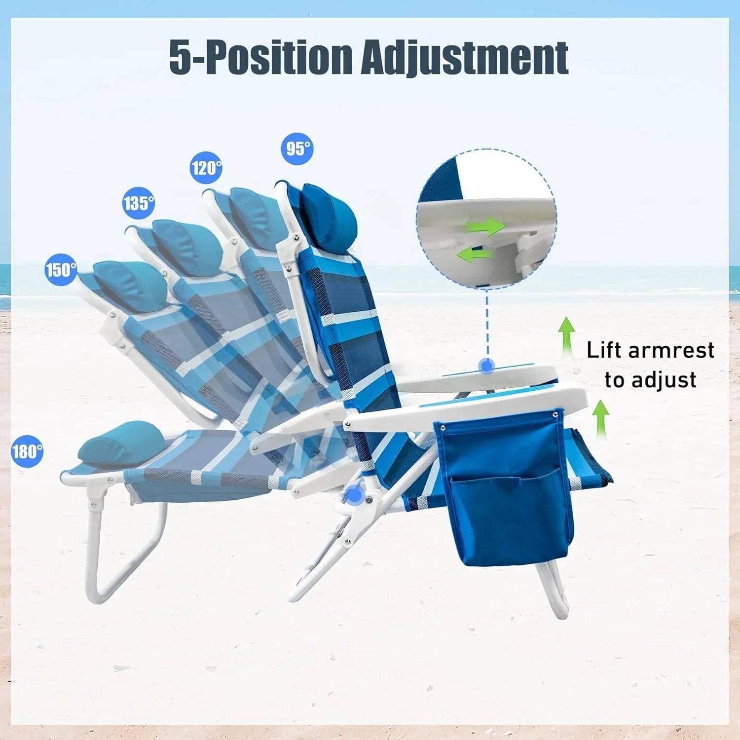 Lot de 2 chaises de plage pliantes à 5 positions avec sangles de sac à dos, sac isotherme et porte-gobelet