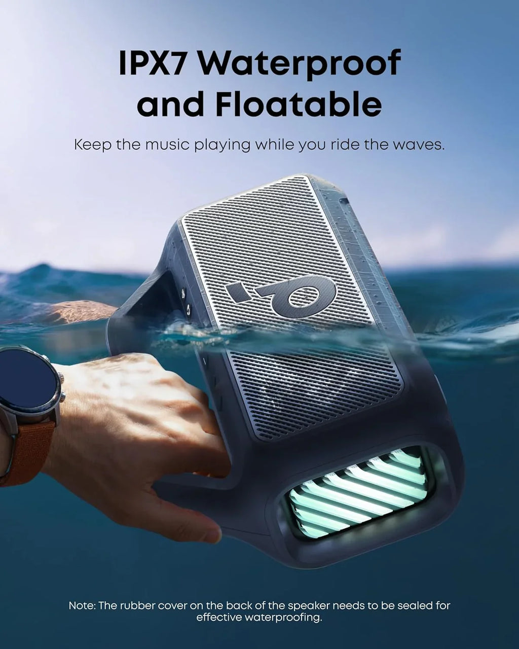 Enceinte d'extérieur, 80 W, caisson de basses, BassUp 2.0, autonomie de 24 heures, étanchéité IPX7, flotte, lumières RVB, USB-C