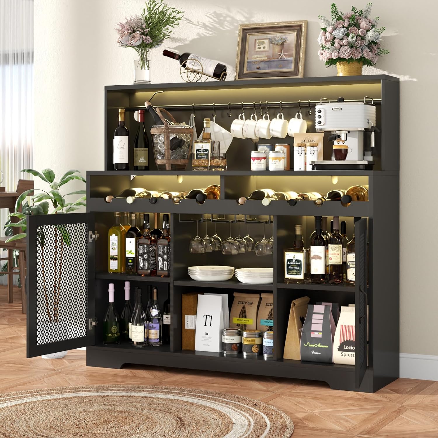 Bar à vin avec éclairage LED, meuble à liqueur avec porte-verres, bar à café pour liqueurs, buffet de rangement avec casiers à vin, armoire à vin