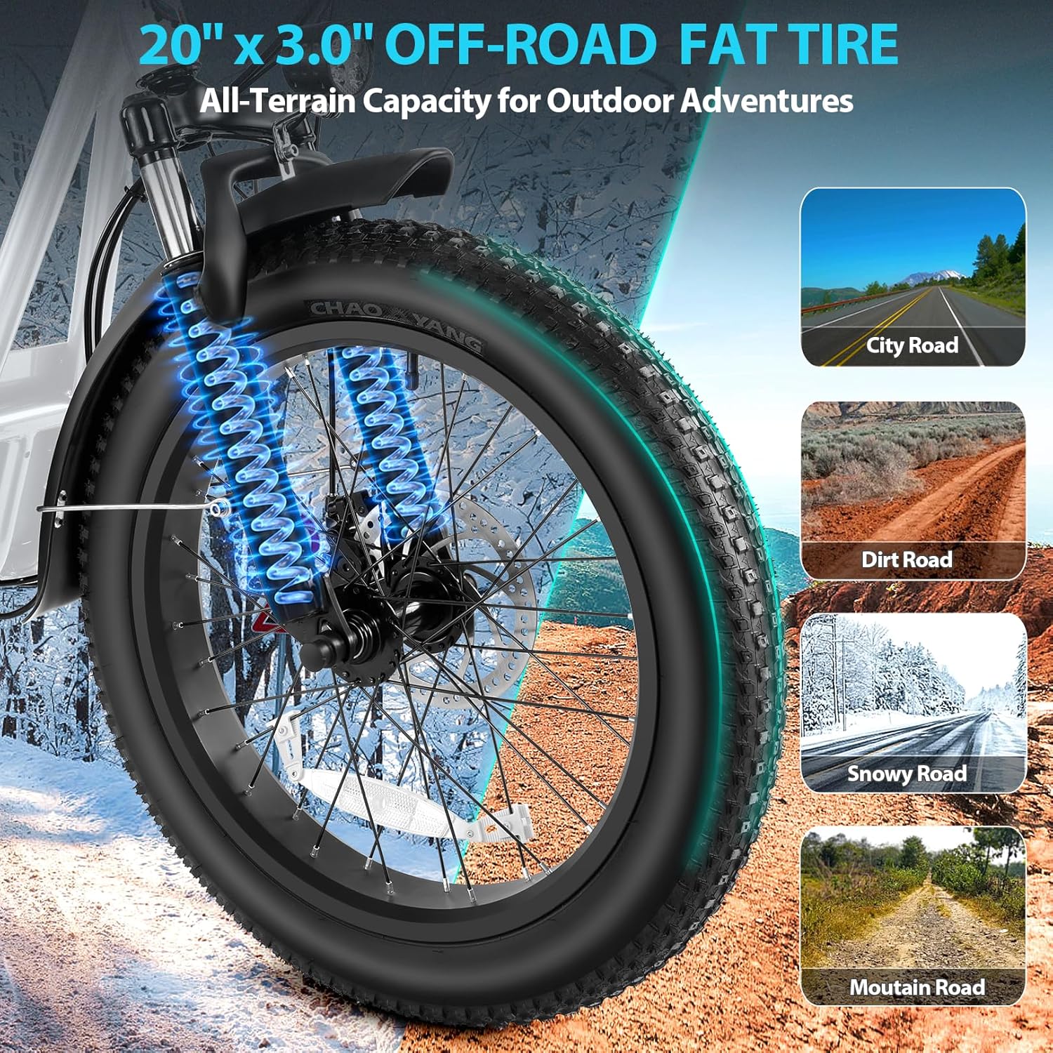 Trottinette électrique pliable Caroma Peak 800 W pour adulte avec pneus de 20 pouces de large, batterie 48 V, panier et siège réglable.