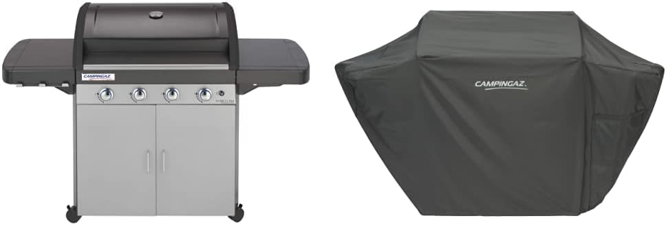 Barbecue à gaz Campingaz Classe 4 L Plus, 4 brûleurs, puissance 12,8 kW, système de nettoyage facile InstaClean, grille et plaque de cuisson en fonte double émaillée, 2 étagères latérales