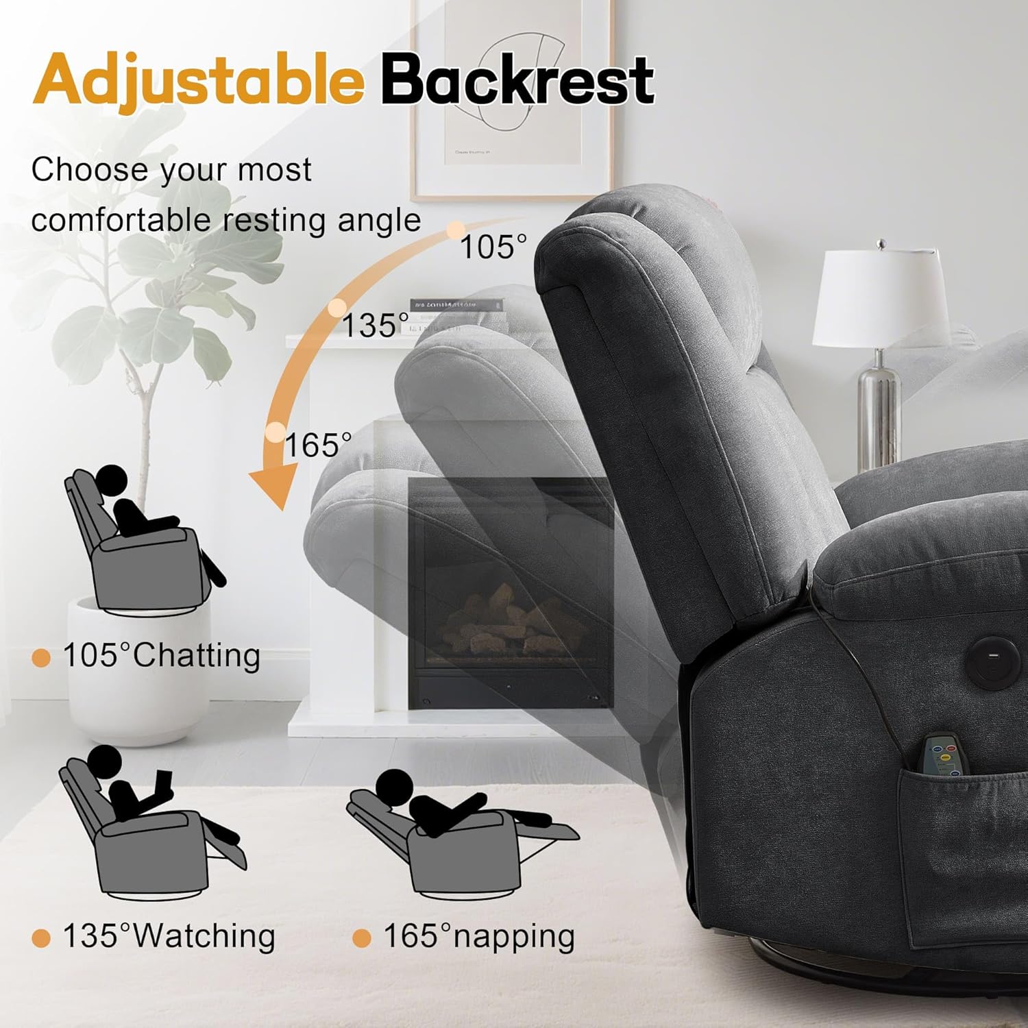 Fauteuil à bascule pour adulte, fauteuil inclinable coulissant, fauteuil à bascule rotatif à 360° avec fonction massage et chauffage