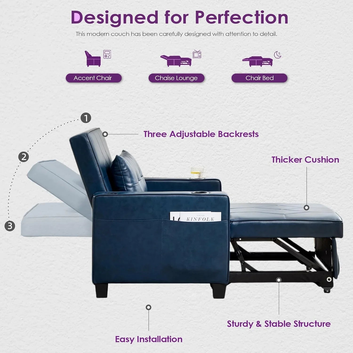 Fauteuil convertible pour adulte, canapé-lit gigogne 3 en 1 avec ports USB/Type-C, porte-gobelets, poches latérales, canapé simple