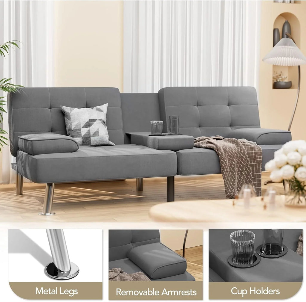 Canapé-lit futon convertible et pliable en lin moderne Shahoo avec accoudoirs amovibles, pieds en métal et 2 porte-gobelets pour le salon