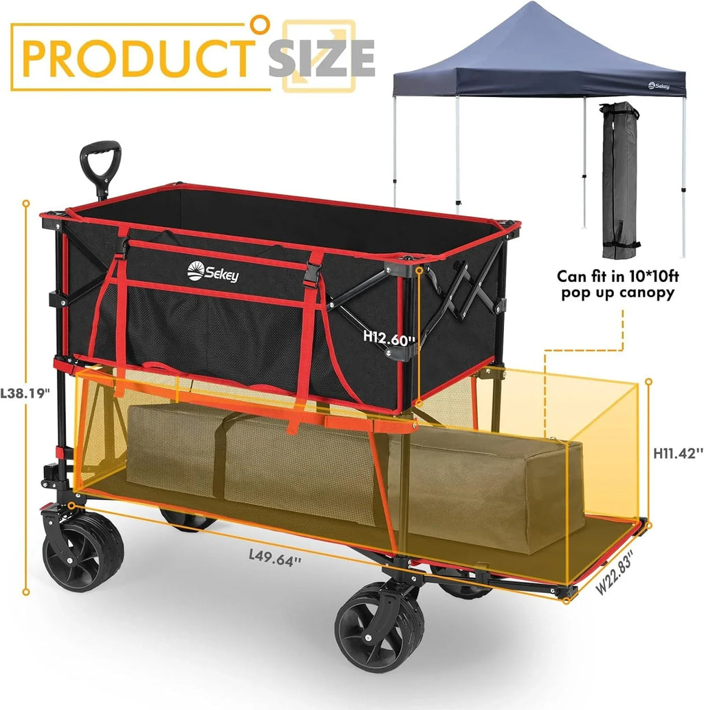 Chariot pliable à deux étages grande capacité de 400 L avec freins, chariot extensible extra long de 50 po, chariot pliable robuste de 500 lb.