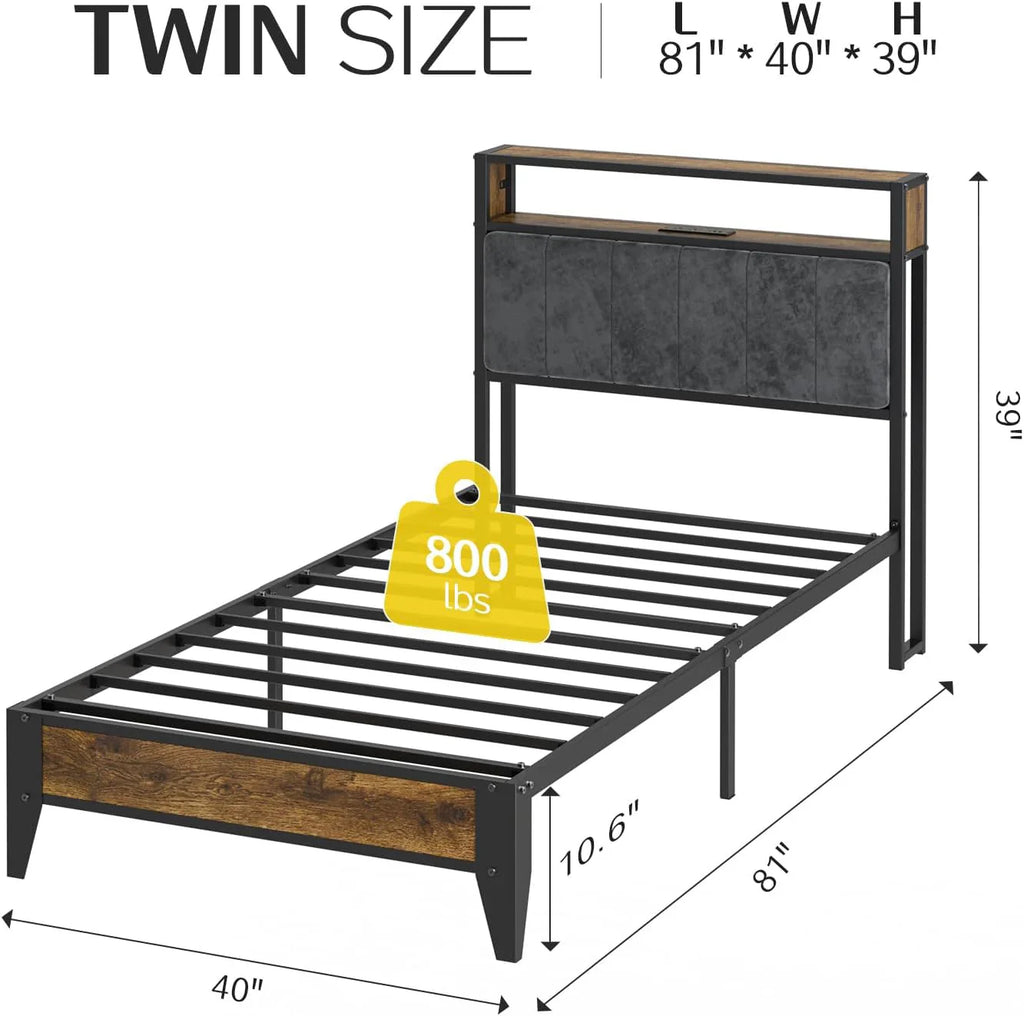Cadre de lit simple OLEVS avec tête de lit et station de charge de type C