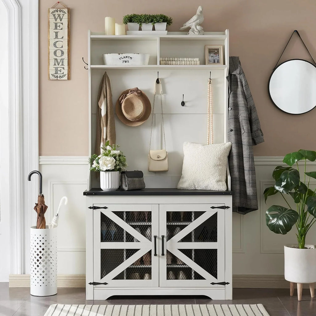 JXQTLINGMU Arbre de foyer de ferme de 59 pouces avec rangement pour chaussures, banc d'entrée, porte-manteau, armoire